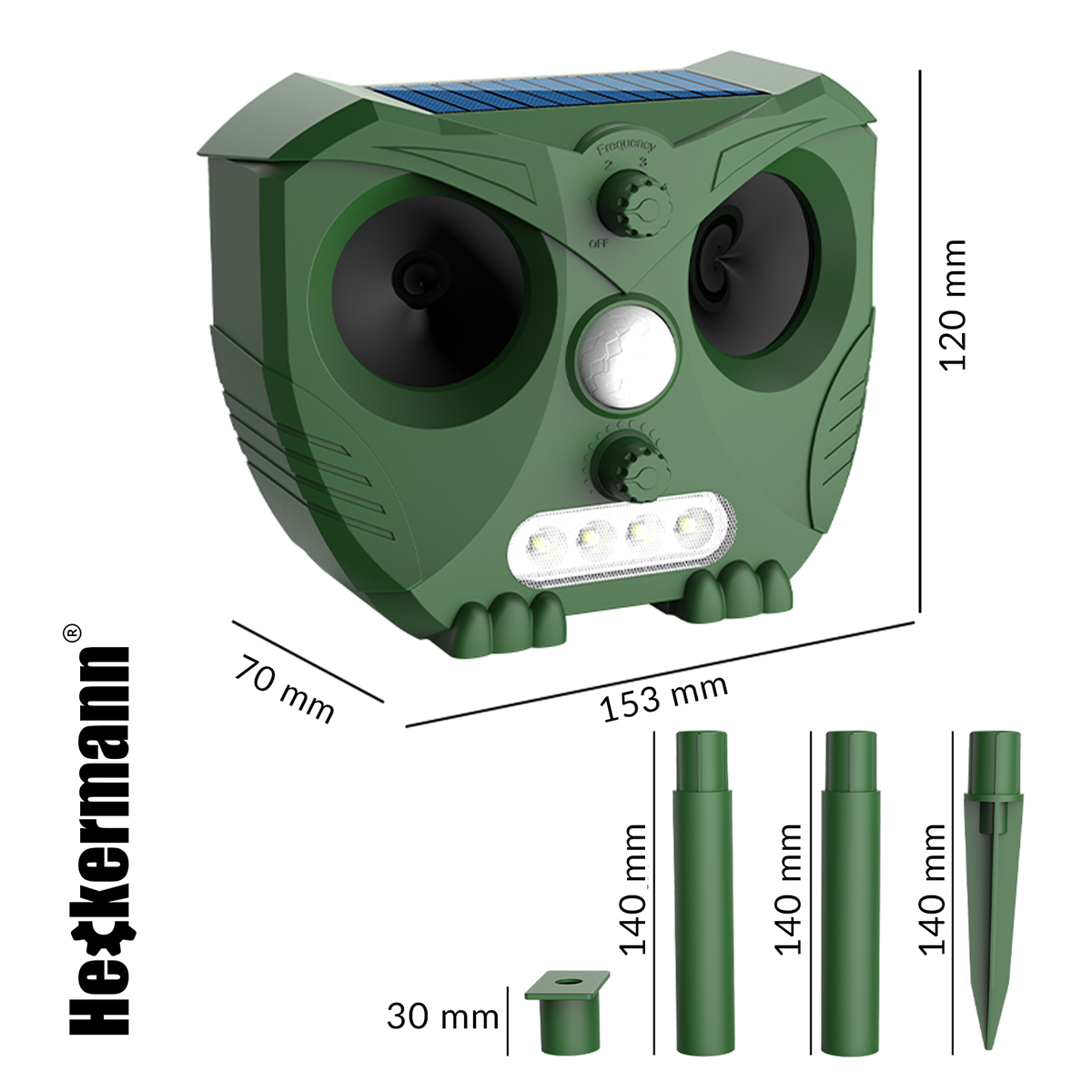 Zielone urządzenie odstraszające szkodniki w kształcie sowy z panelami słonecznymi.