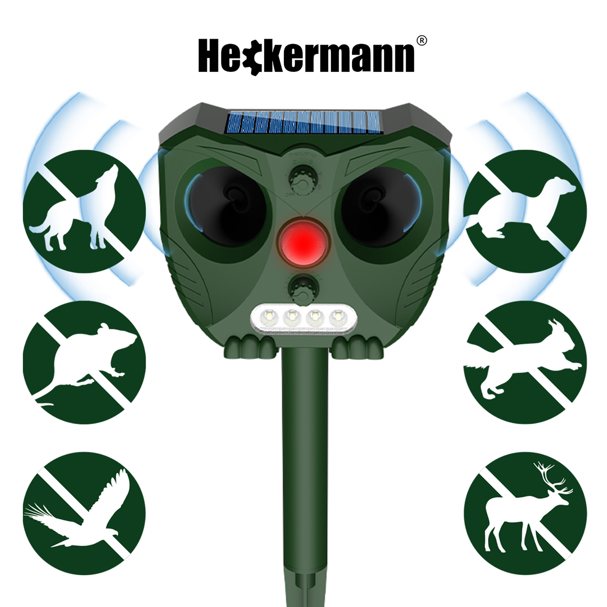 Zielony odstraszacz szkodników z panelem słonecznym, diodami LED, głośnikami i ikonami.