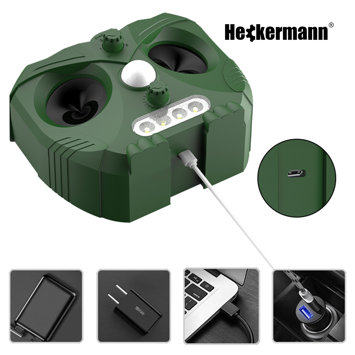 Zielony odstraszacz szkodników ultradźwiękowy z portem USB-C i opcjami ładowania.