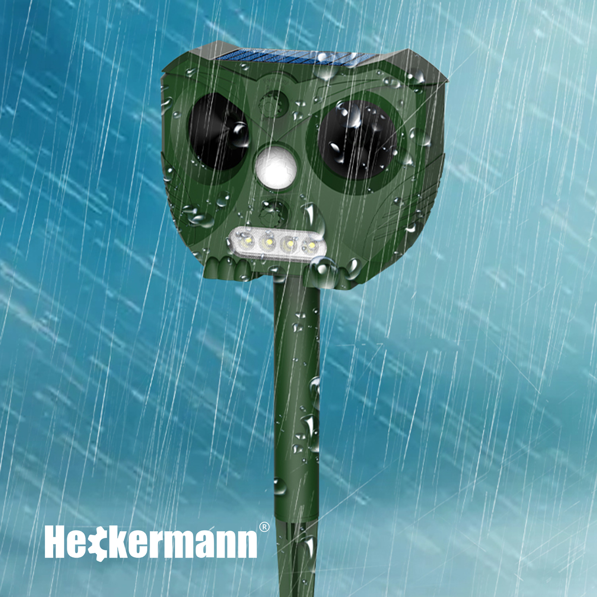 Zielone urządzenie z panelem słonecznym i światłami w deszczu.