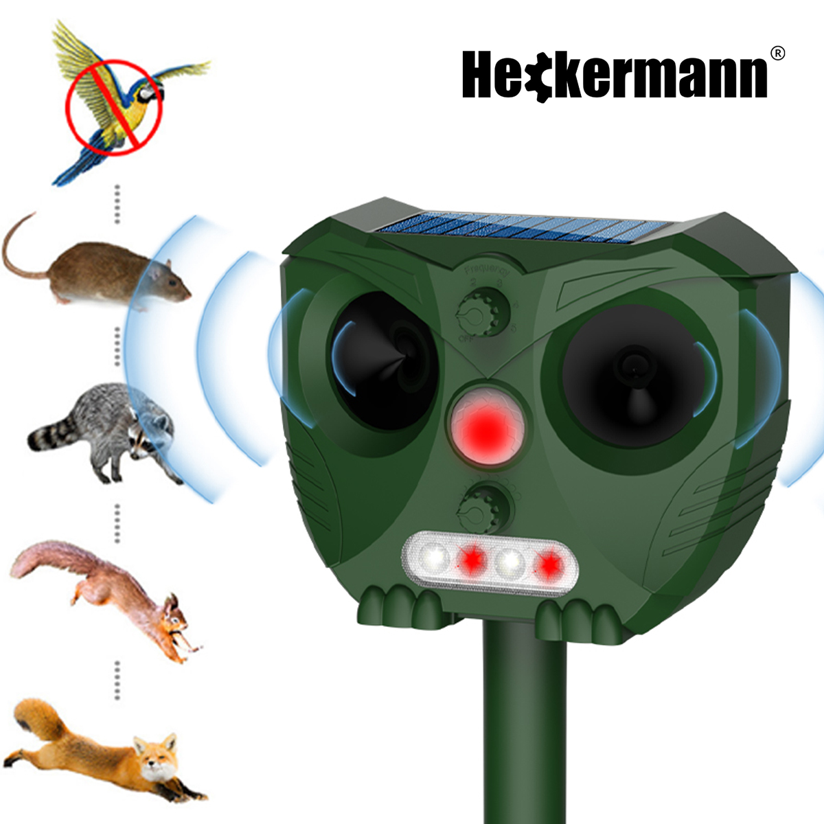 Zielony odstraszacz szkodników z panelem słonecznym, zwierzętami i logo.