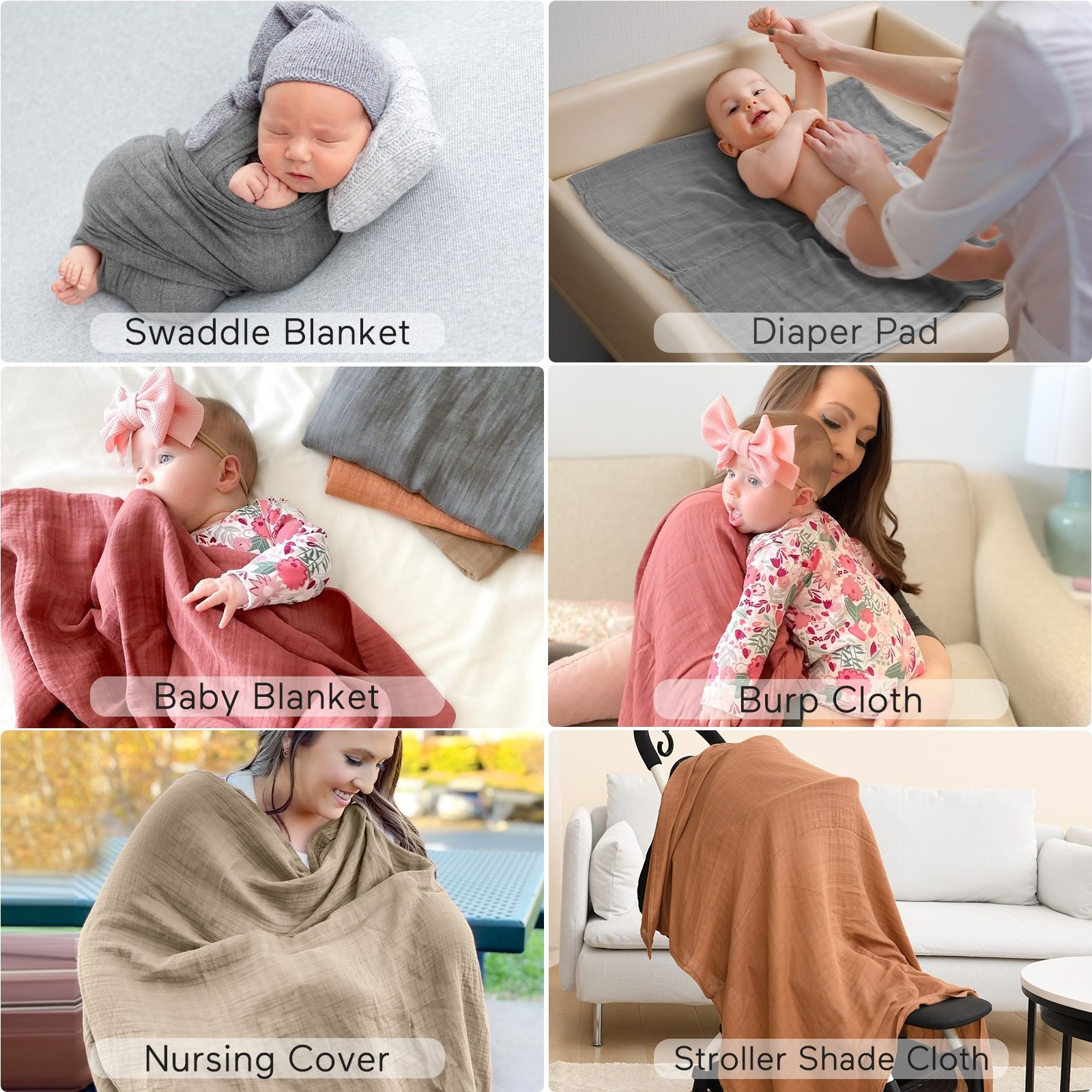Collage di sei immagini: neonato addormentato, bimbo su fasciatoio, bimbo con coperta, bimbo su spalla, madre che allatta, passeggino con telo.