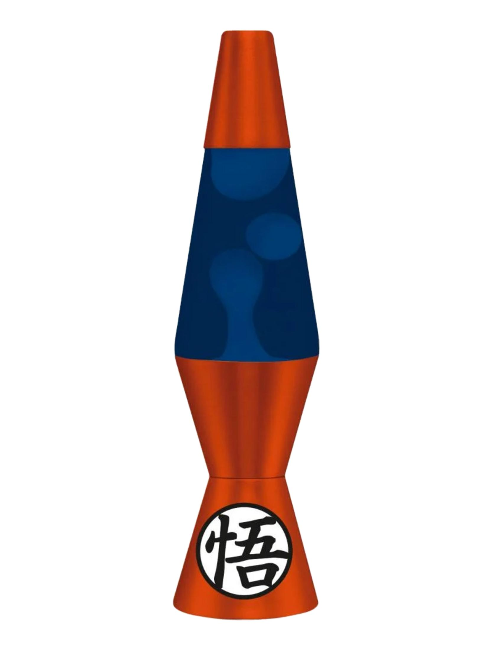 Eine orangefarbene Lavalampe mit blauem Inhalt und einem Kanji-Symbol auf dem Sockel.