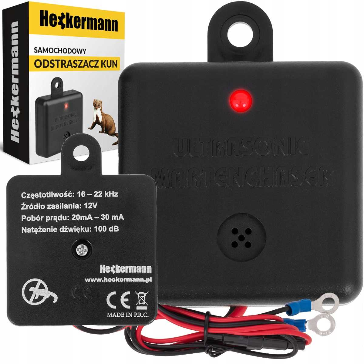 Czarny odstraszacz kretów na ultradźwięki z przewodami i naklejką.