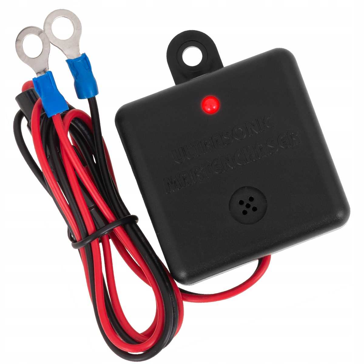 Czarny odstraszacz ultradźwiękowy na szkodniki z czerwoną diodą LED, przewodami i zaciskami pierścieniowymi.