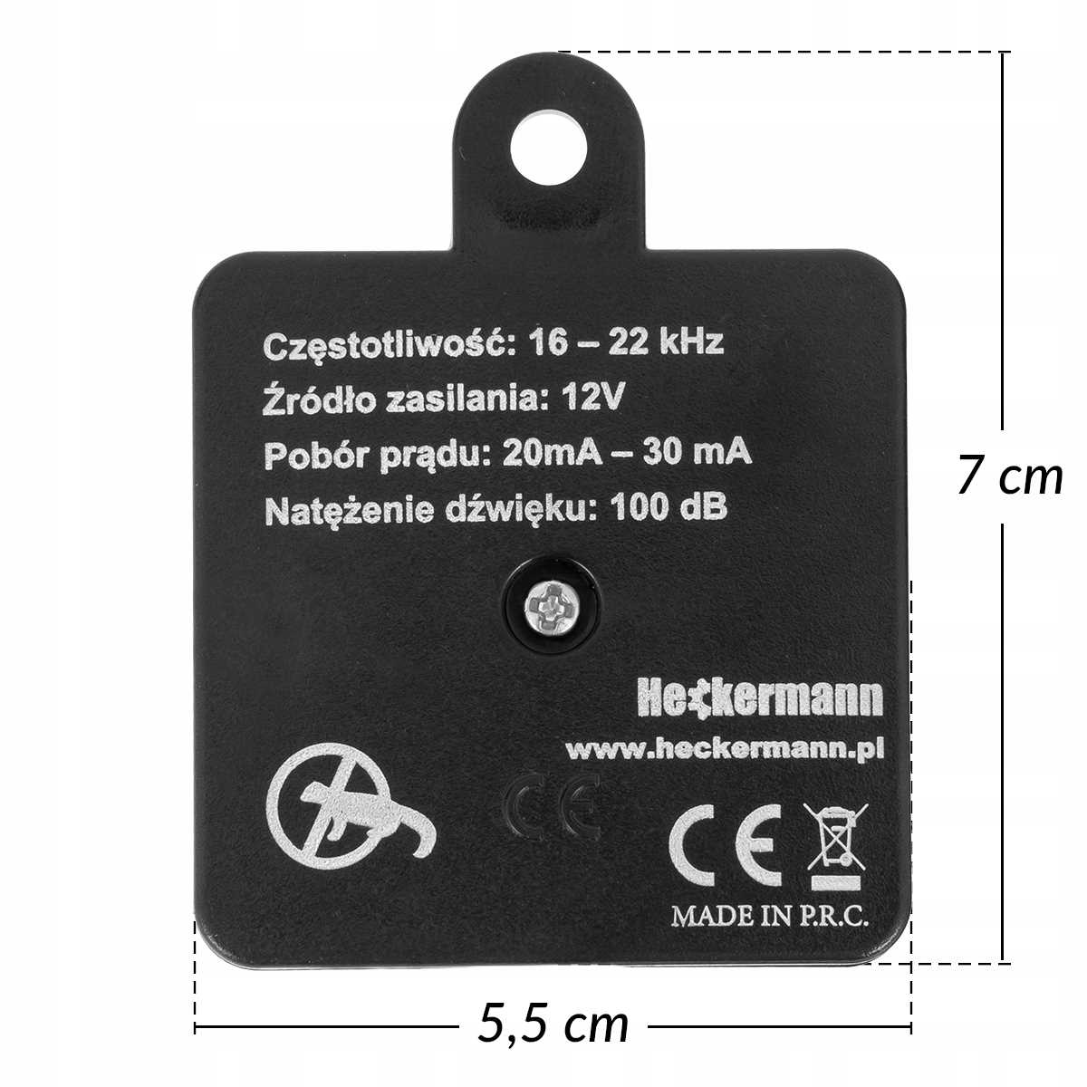 Czarne urządzenie ze specyfikacją: 16-22 kHz, 12V, 20-30mA, 100 dB. Wym. 7x5.5cm.