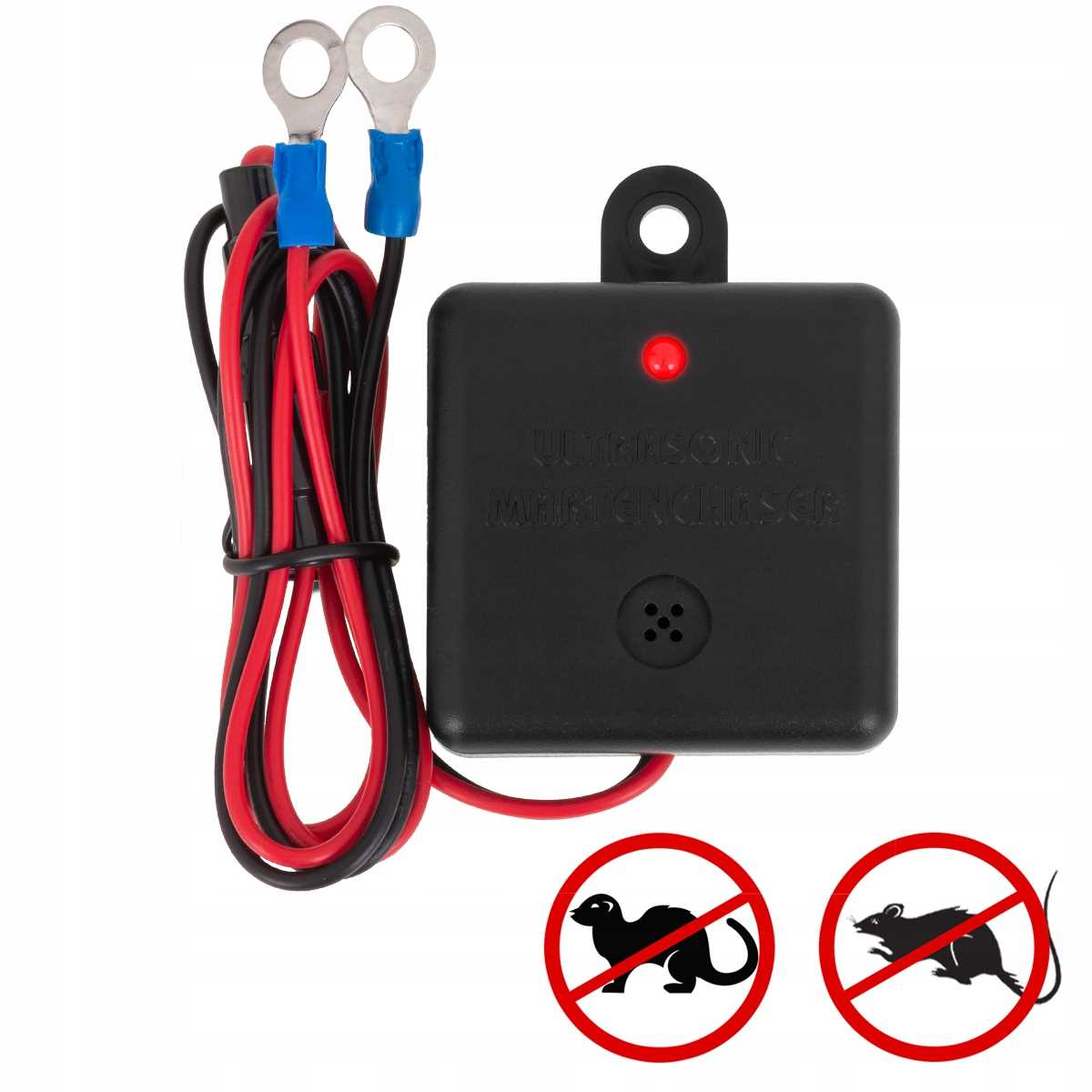 Czarny odstraszacz ultradźwiękowy z czerwonymi/czarnymi przewodami, symbolami ostrzegawczymi dla kuny i szczura.