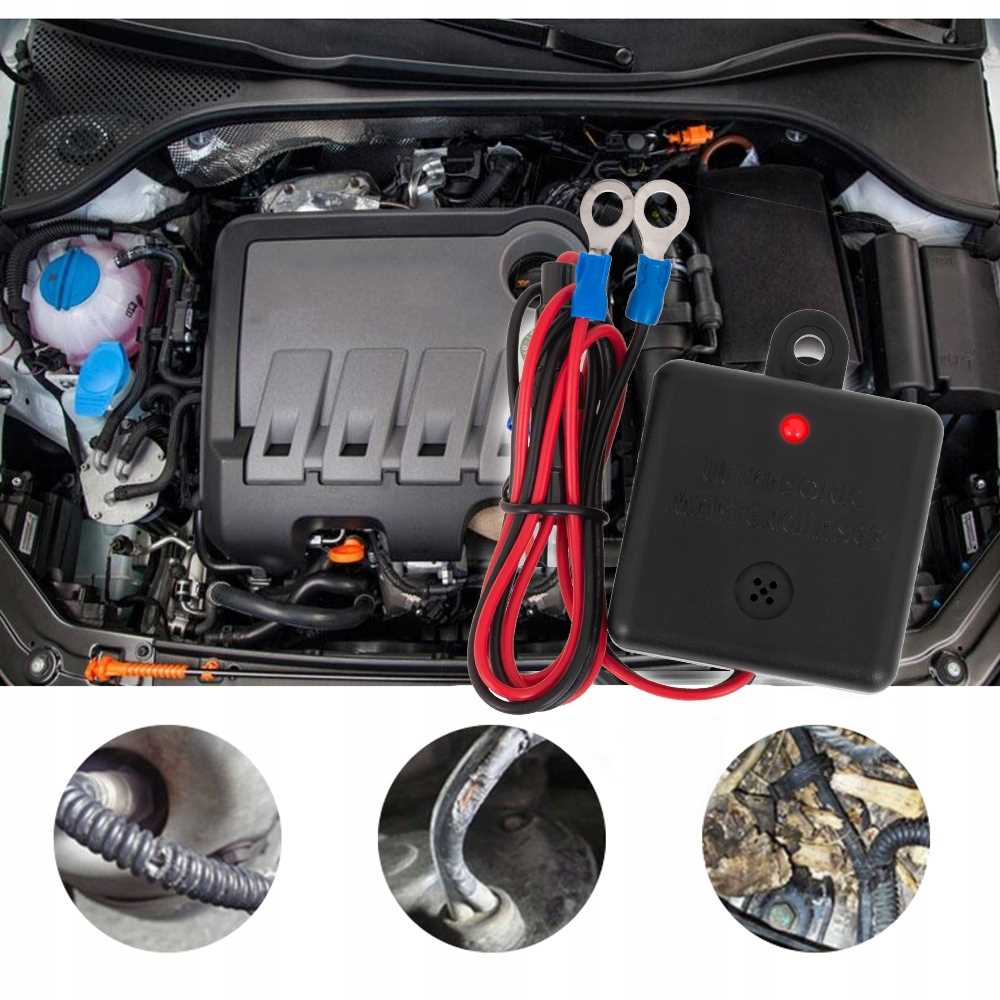 Części silnika samochodowego z kablami i czarnym pudełkiem z czerwoną diodą.