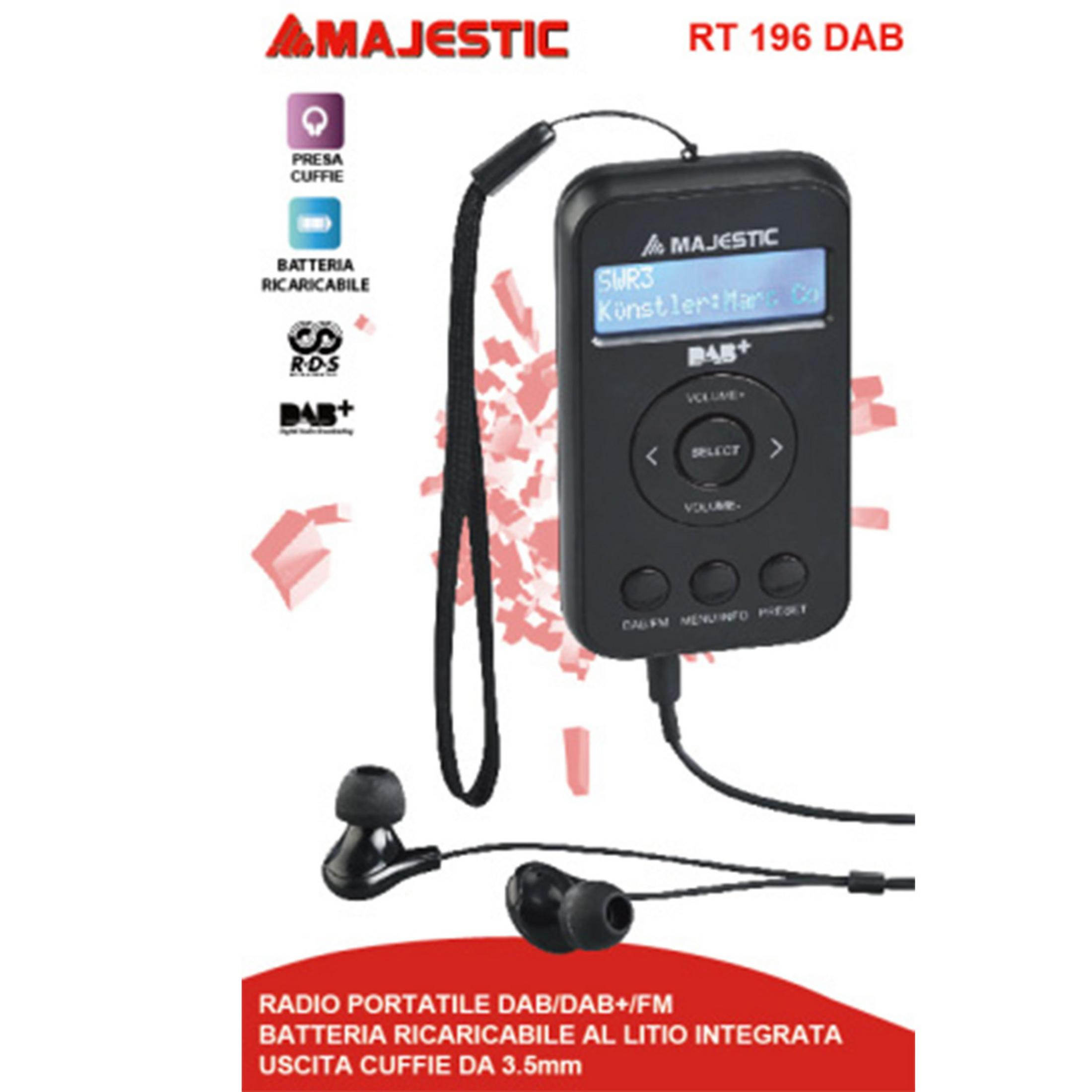 Radio portatile DAB/DAB+/FM con jack cuffie e batteria ricaricabile.