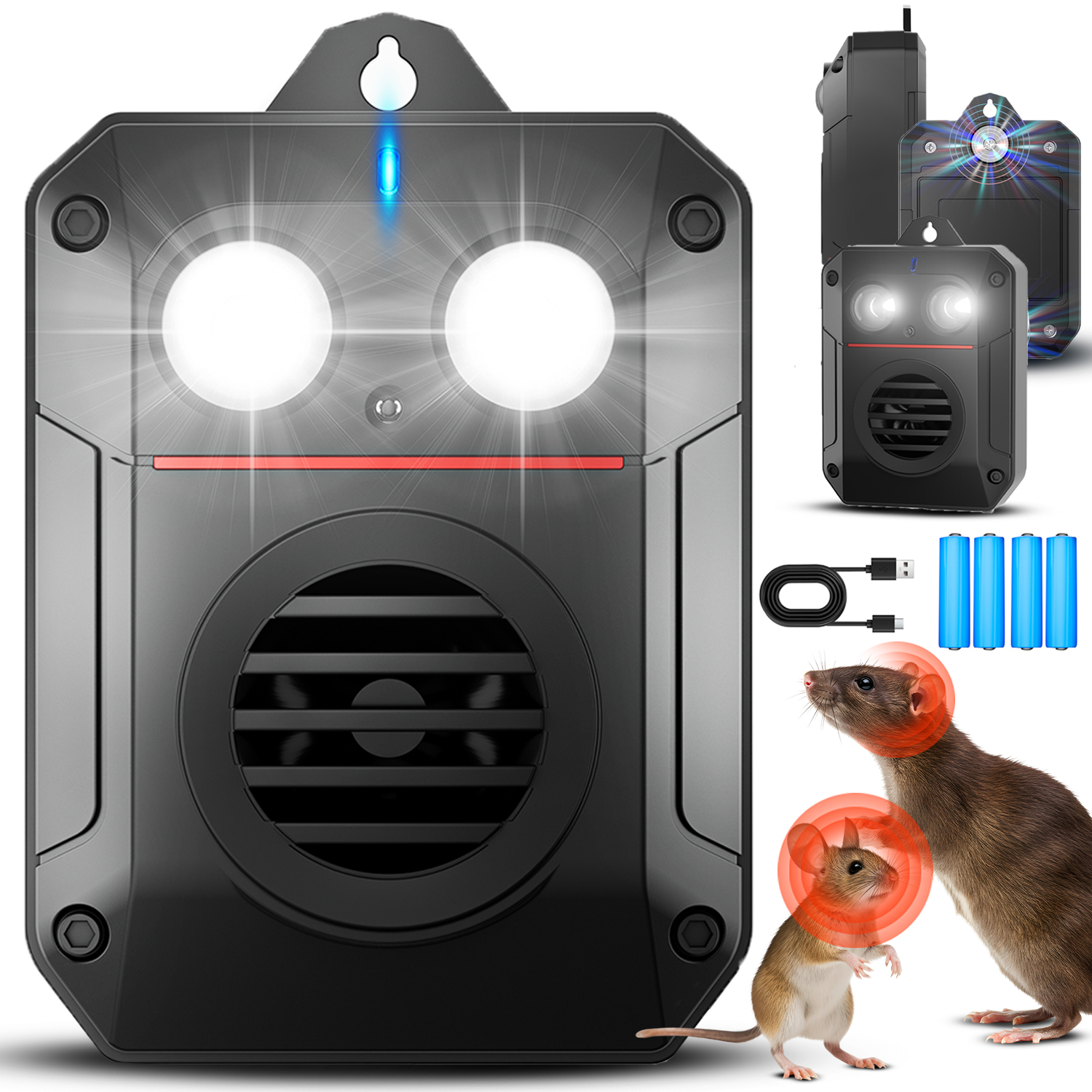 Czarny odstraszacz szkodników ze światłami, głośnikiem i dwoma szczurami, kablem, bateriami.