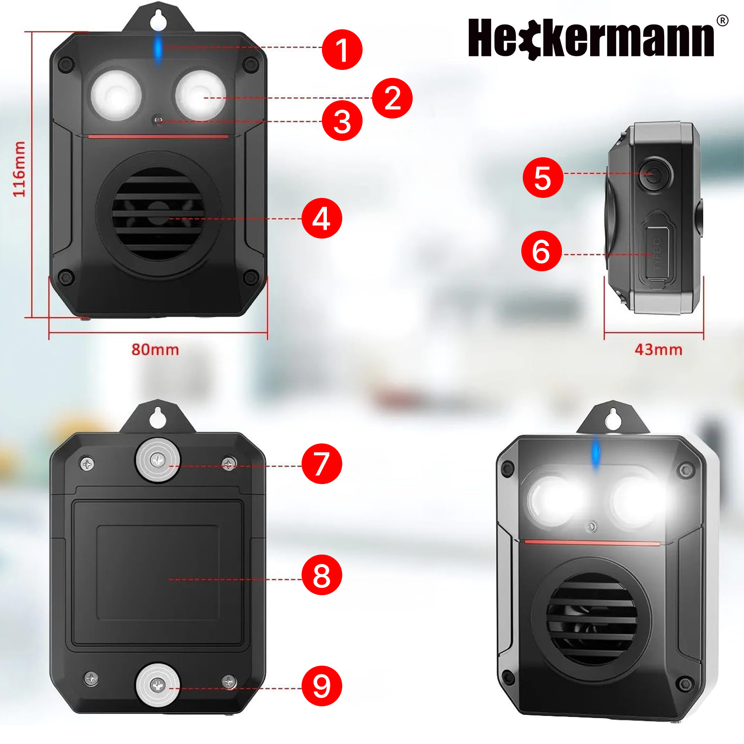 Czarne urządzenie z 2 światłami, głośnikiem, wymiary 116x80mm.