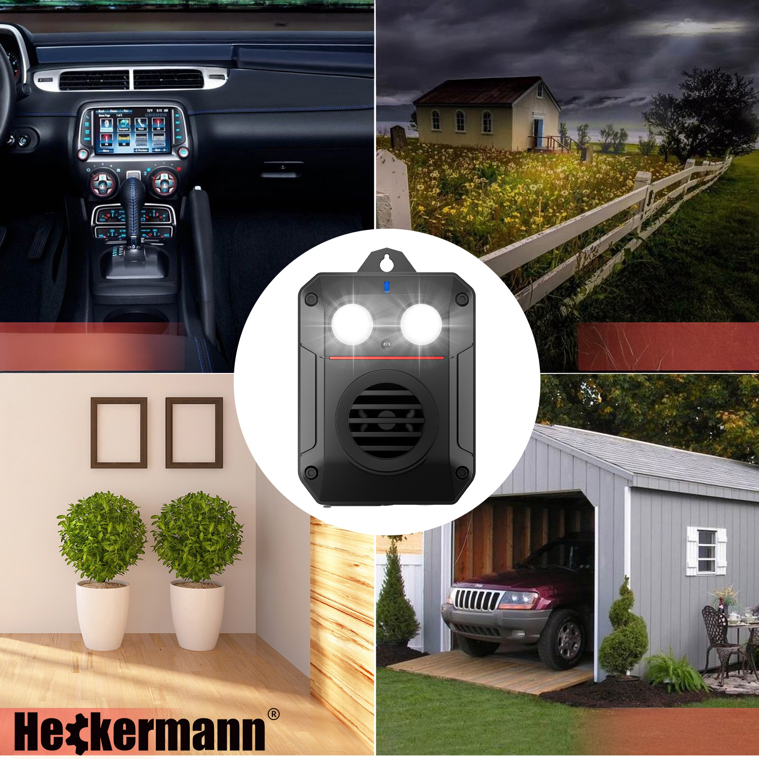 Kolaż czterech zdjęć: wnętrze samochodu, kościół na polu, rośliny w domu, garaż z samochodem.