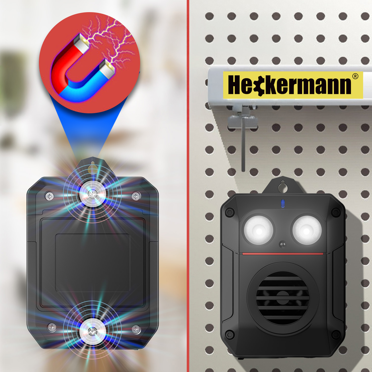 Pole magnetyczne nad czarnym urządzeniem ze światłami i głośnikiem.