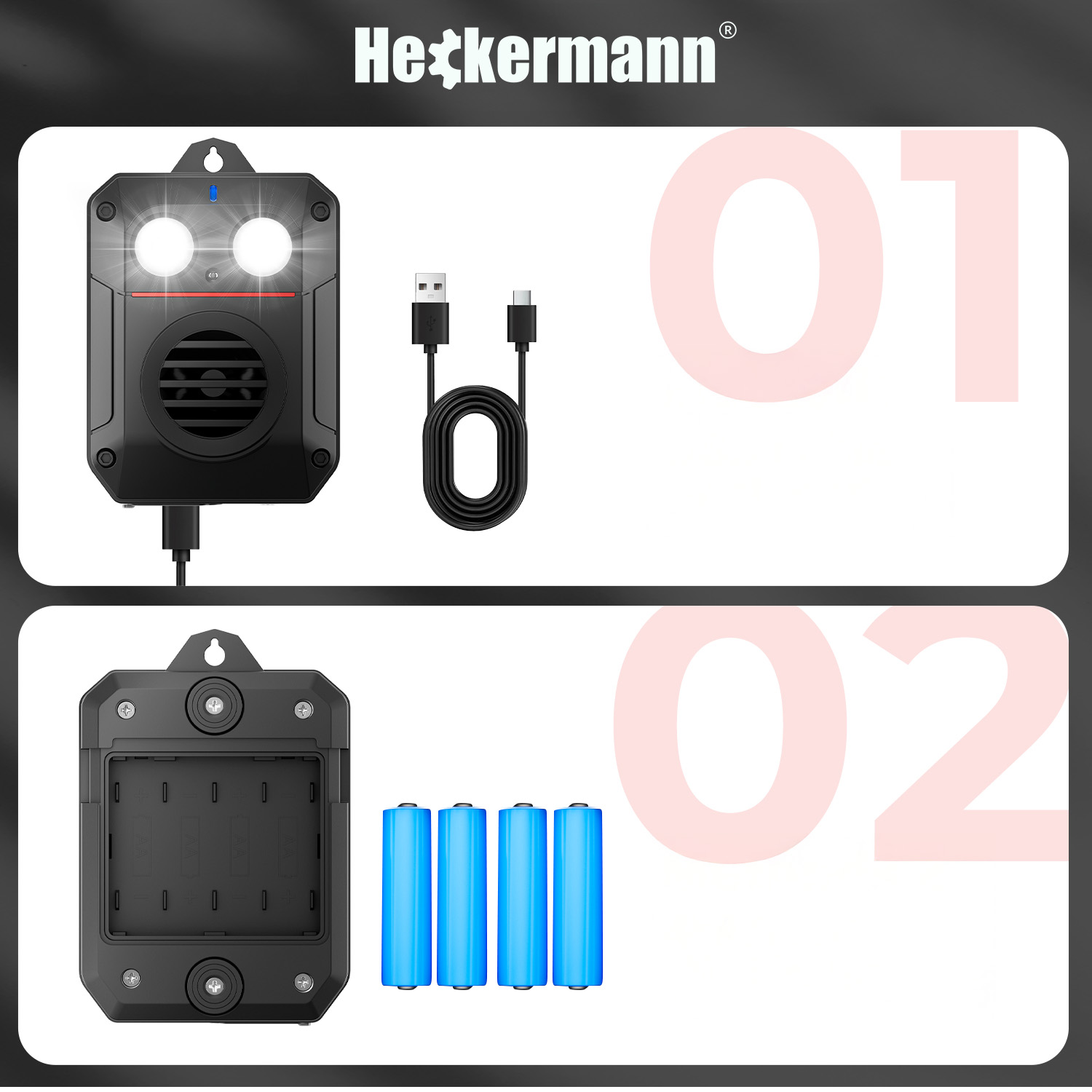 Czarne urządzenie ze światłami i głośnikiem, obok kabla USB.