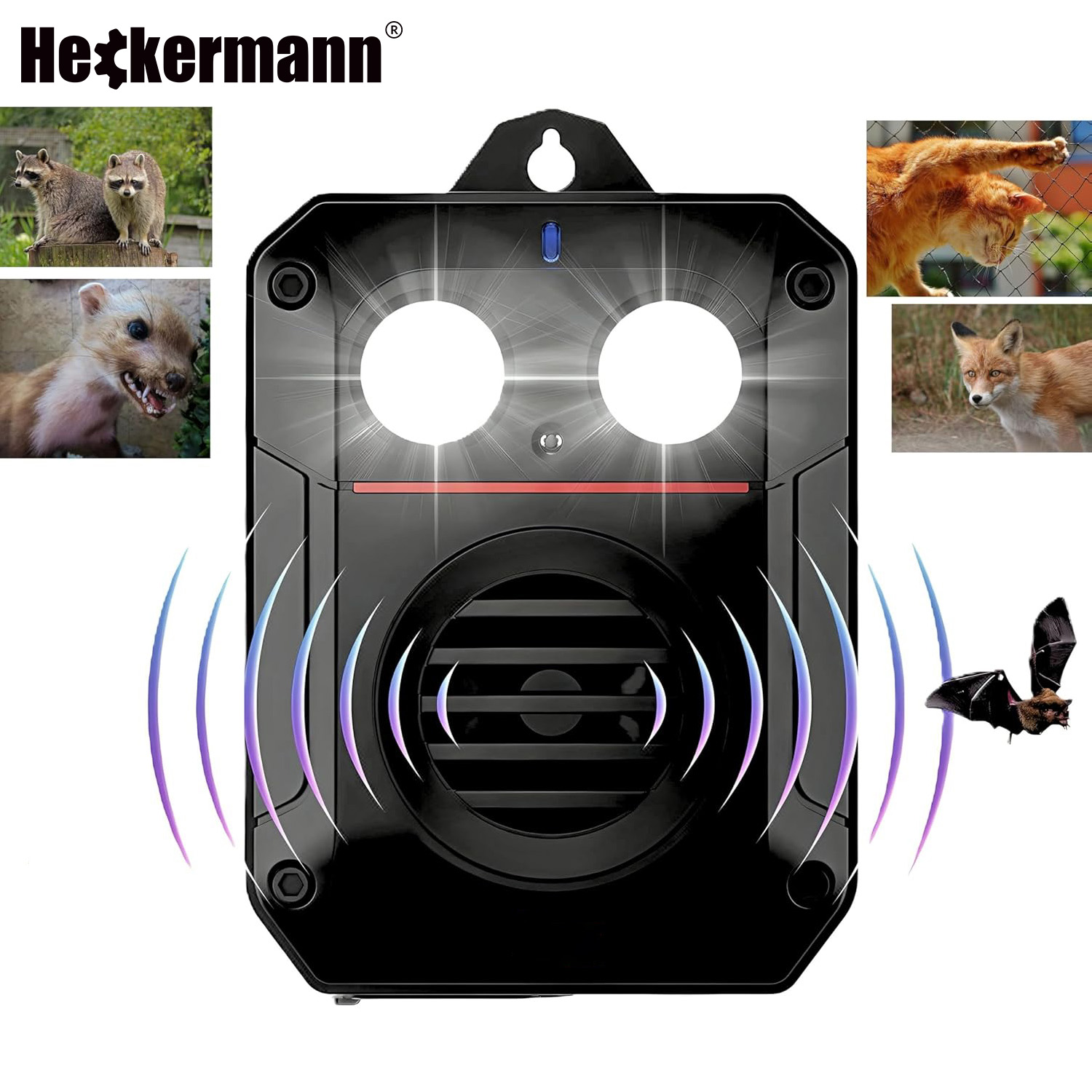 Czarny odstraszacz szkodników z obrazami szopów, łasicy, kota, lisa i nietoperza.