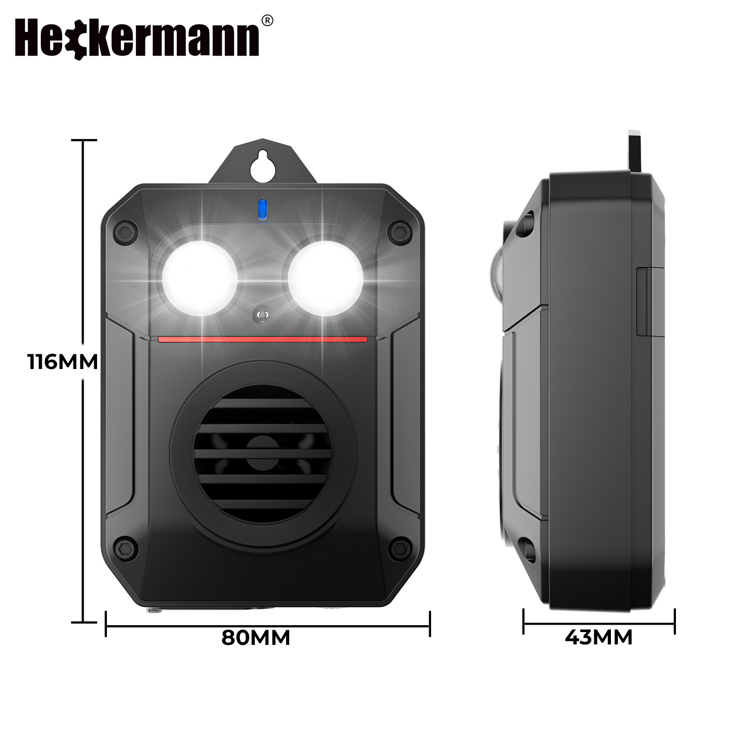 Czarny przyrząd Heckermann z dwoma światłami, wentylatorem i wymiarami.