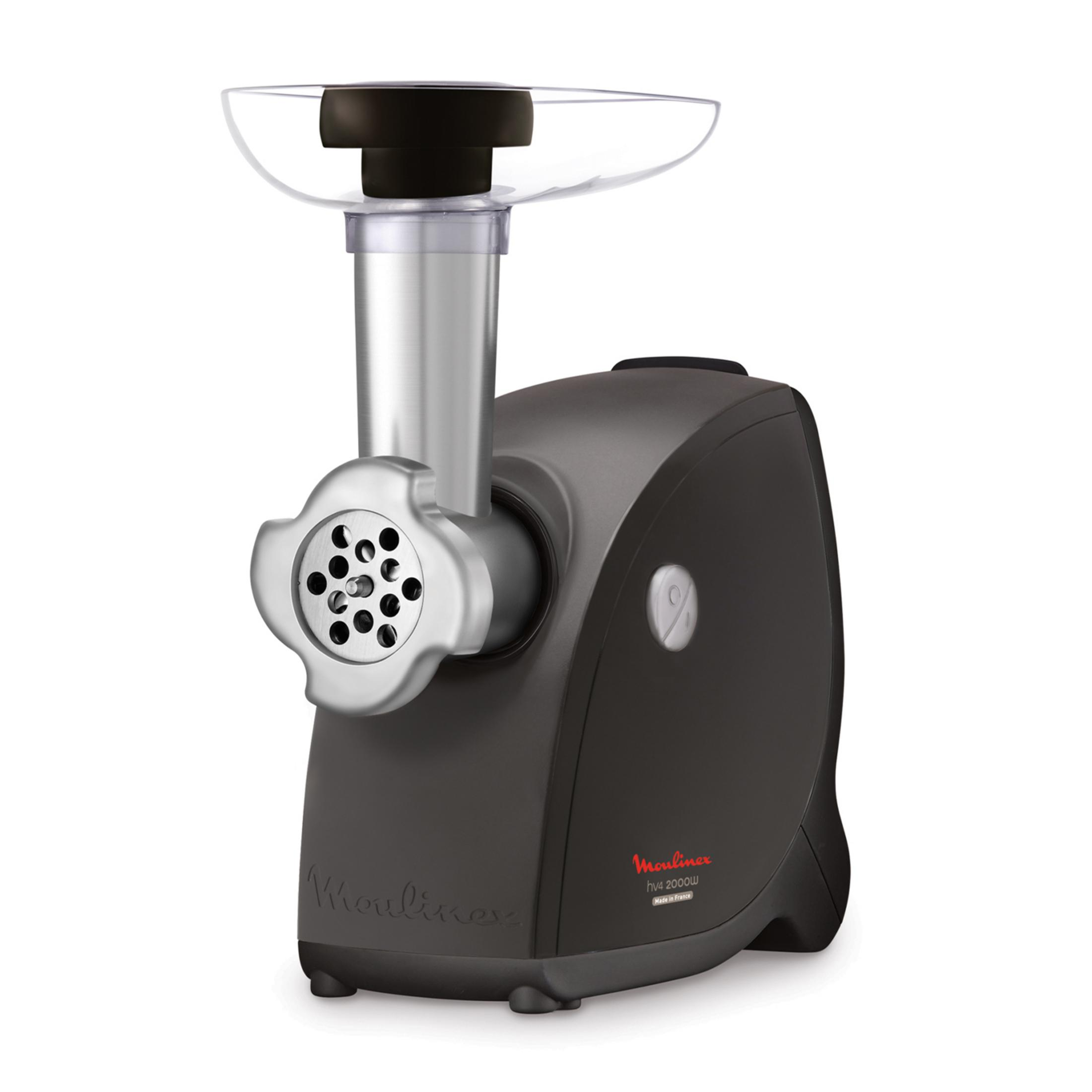 Czarna maszynka do mielenia mięsa ze srebrną metalową częścią i przezroczystym lejkiem.