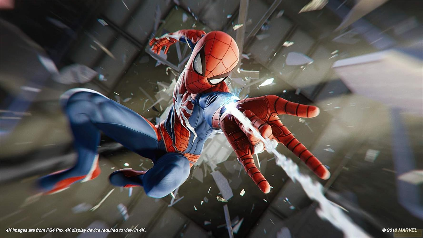 Spider-Man bricht durch Glas, blaue Energie von seiner Hand.