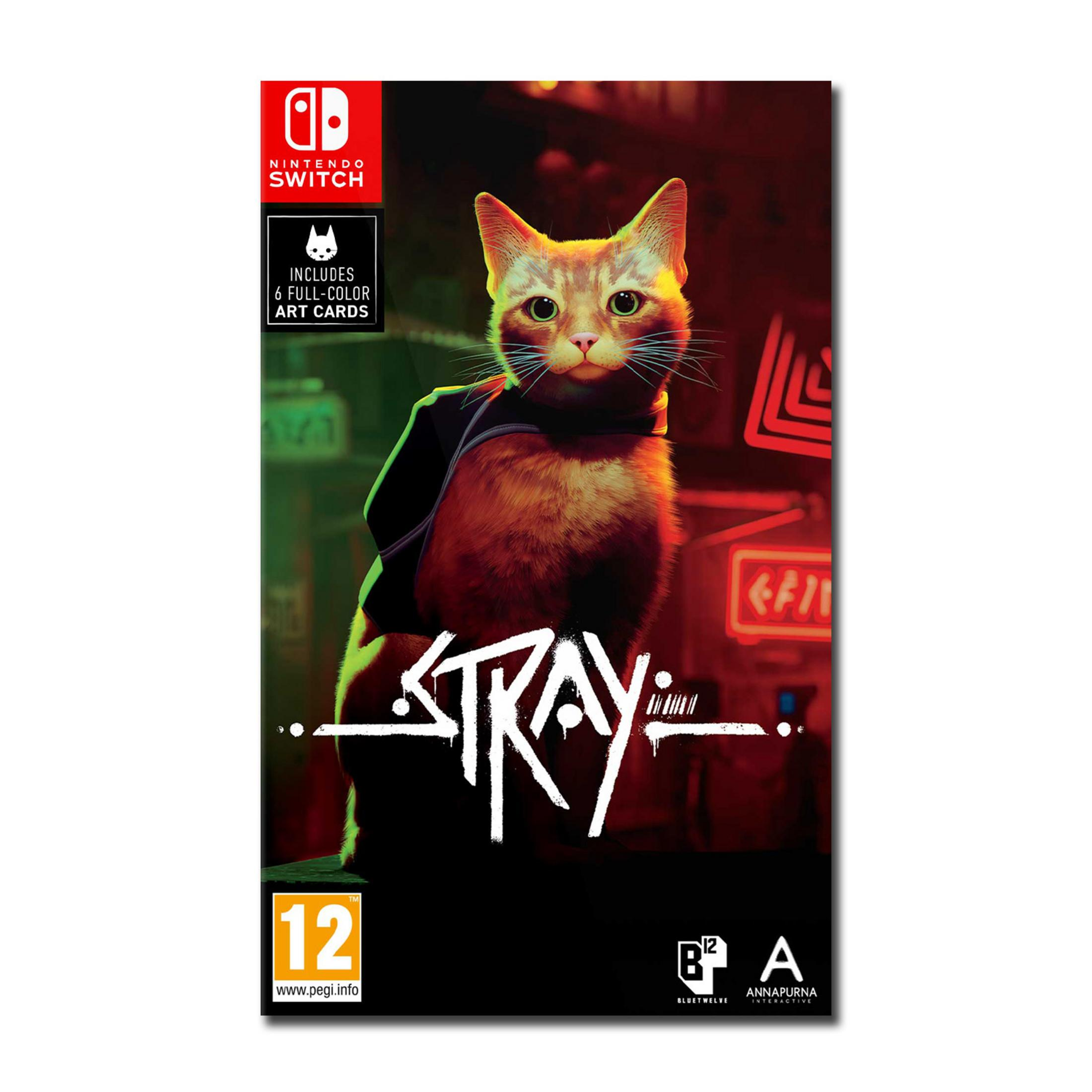 Un gatto con zaino sulla copertina del gioco Stray per Nintendo Switch.