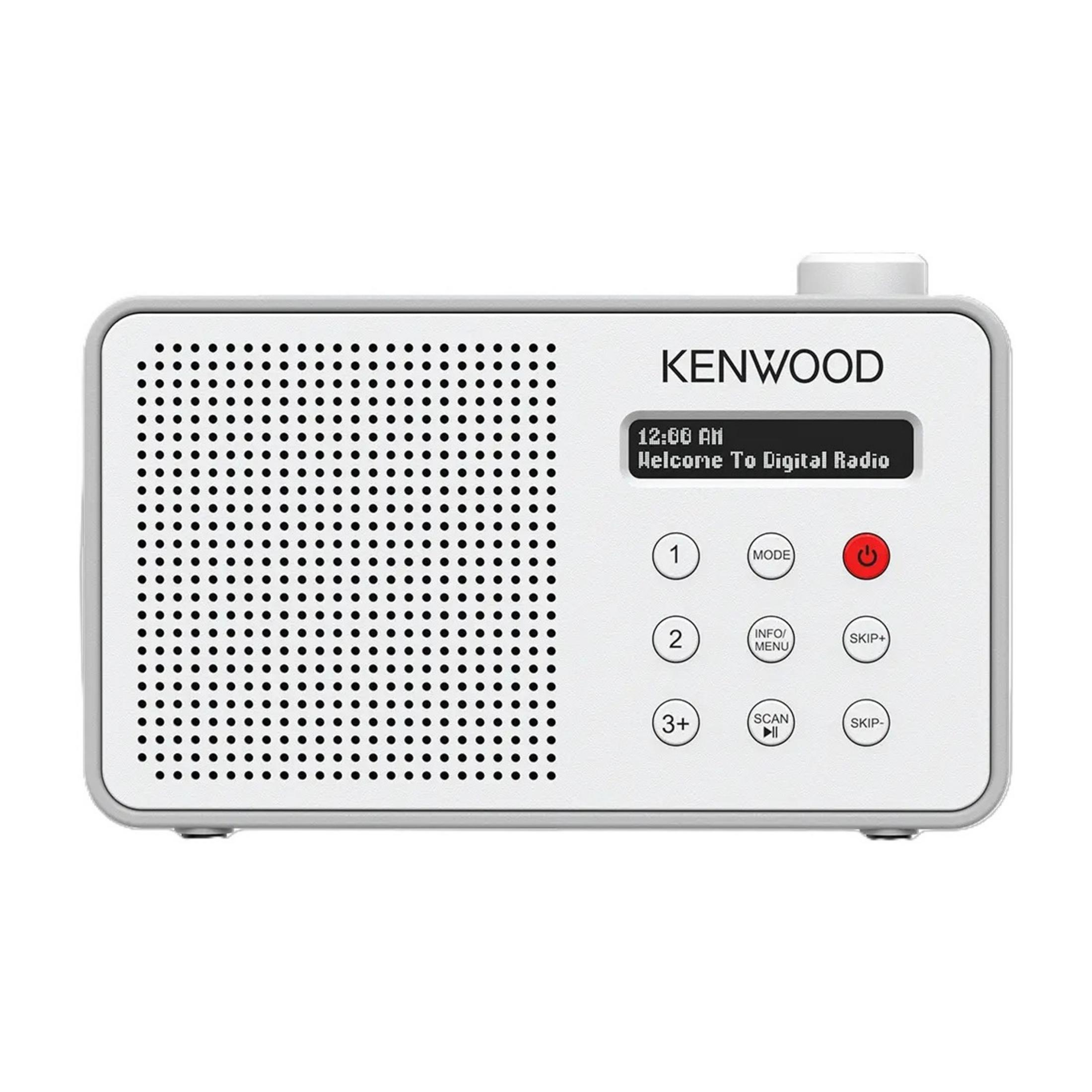 Ein weißes Kenwood Digitalradio mit Lautsprecher und Bedienelementen.