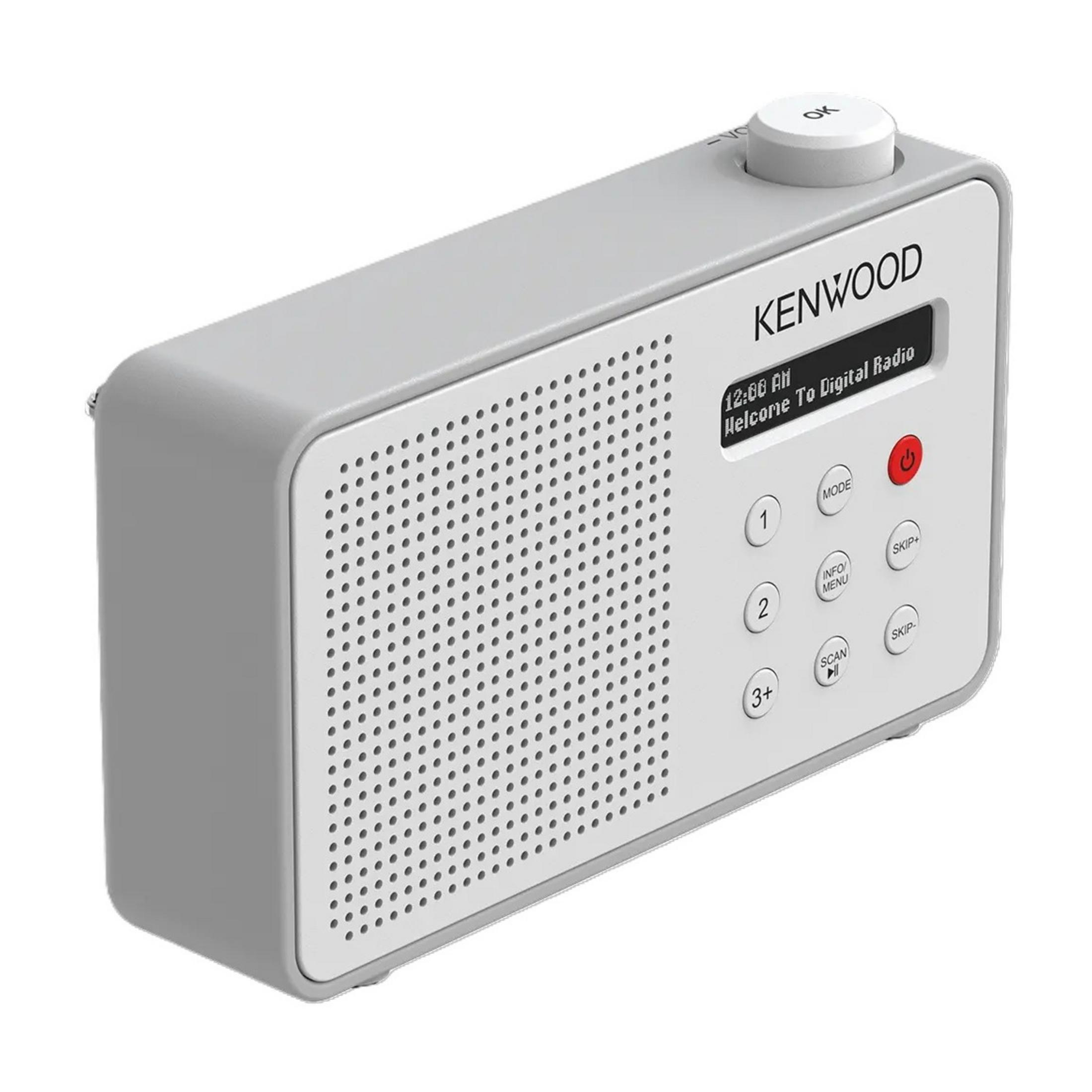 Ein graues Kenwood Digitalradio mit Lautsprechergrill und Bedienelementen.