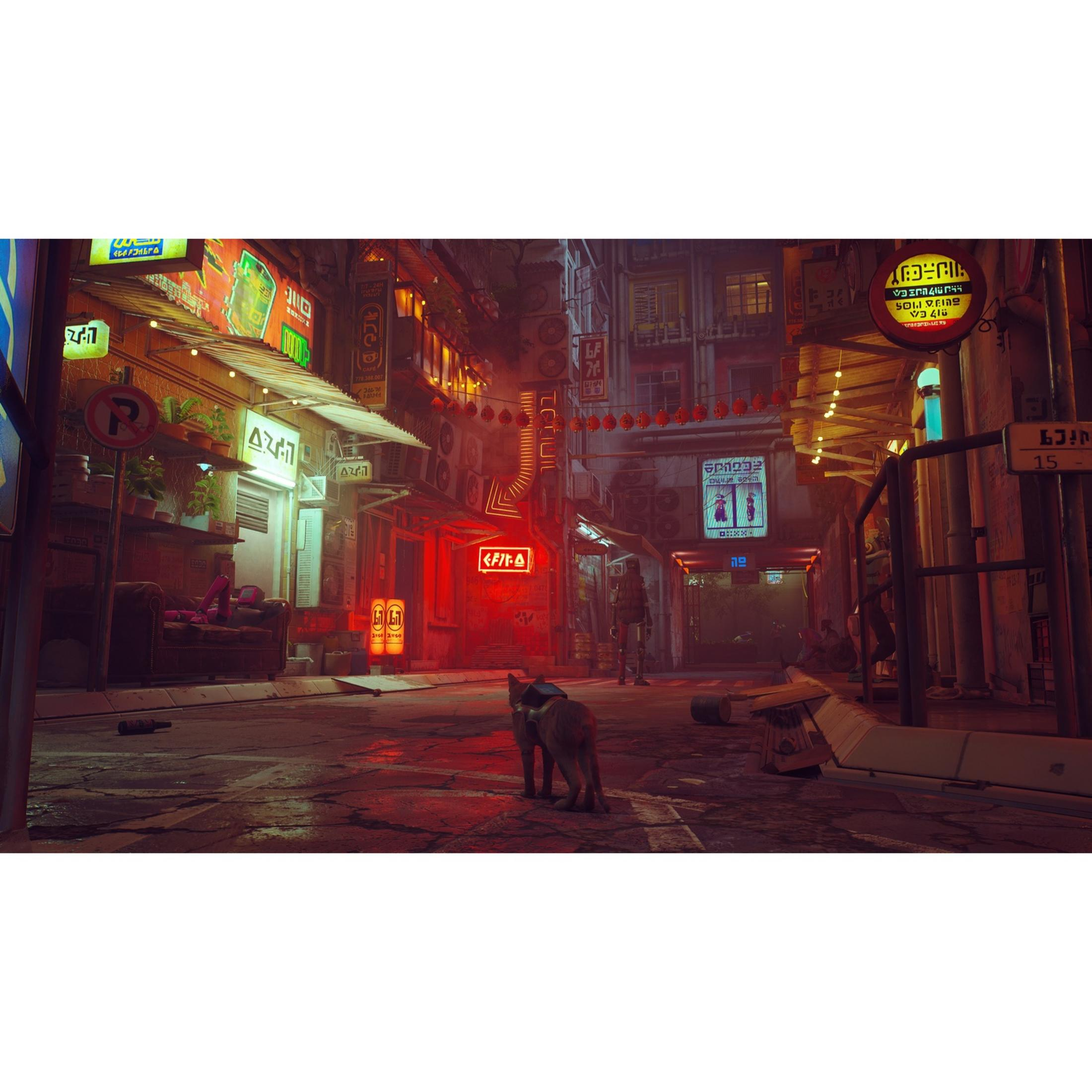 Un gatto in una strada bagnata di una città illuminata al neon.
