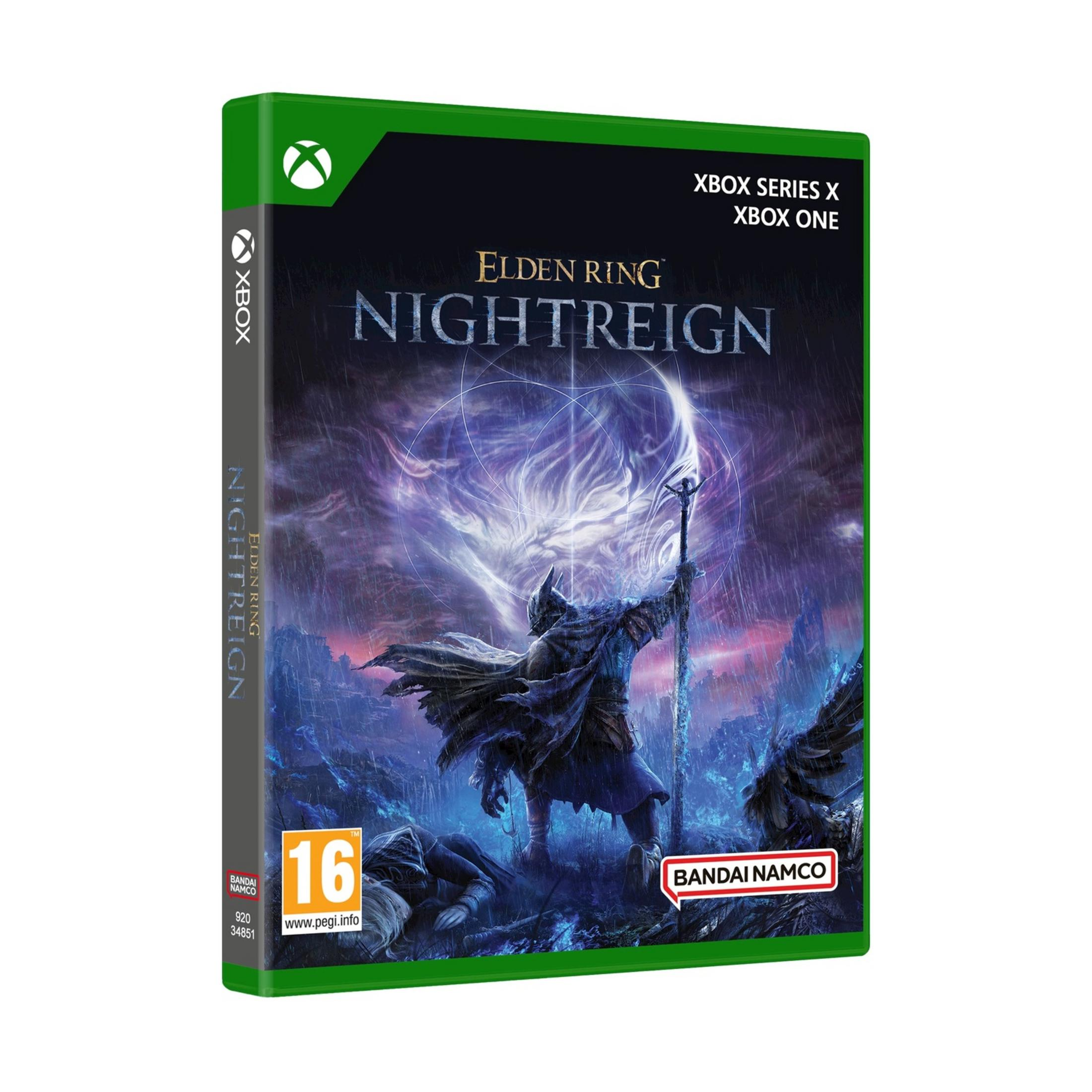 Pudełko Xbox Elden Ring Nightreign z wojownikiem i kręgiem magii.