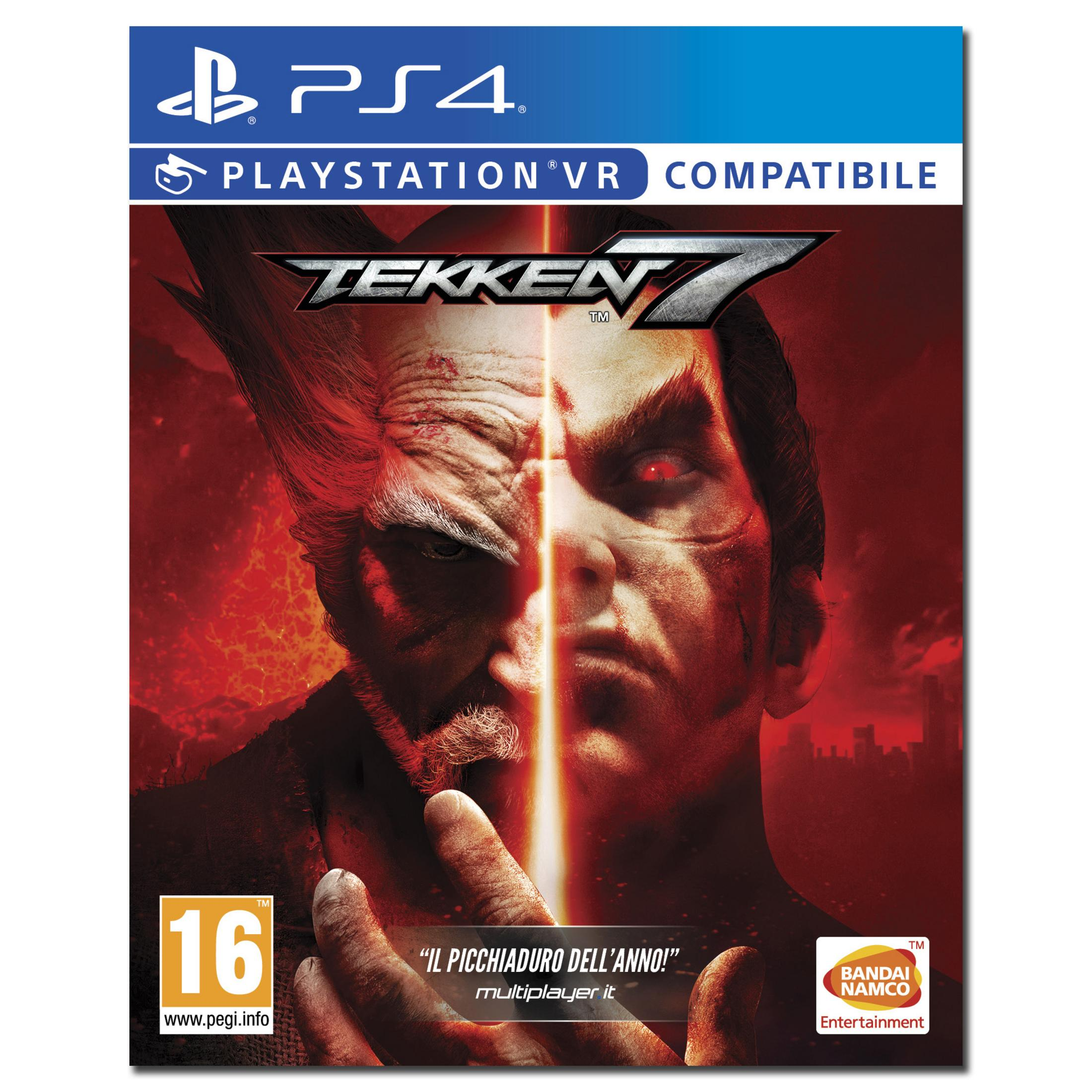 Copertina Tekken 7 PS4 con volti divisi, logo e rating 16.