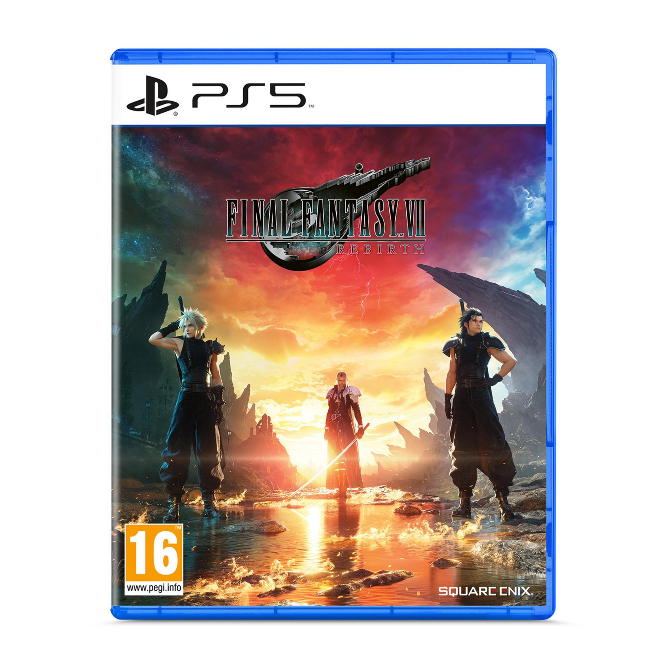 Custodia PS5 con personaggi di Final Fantasy VII Rebirth su un cielo cosmico.