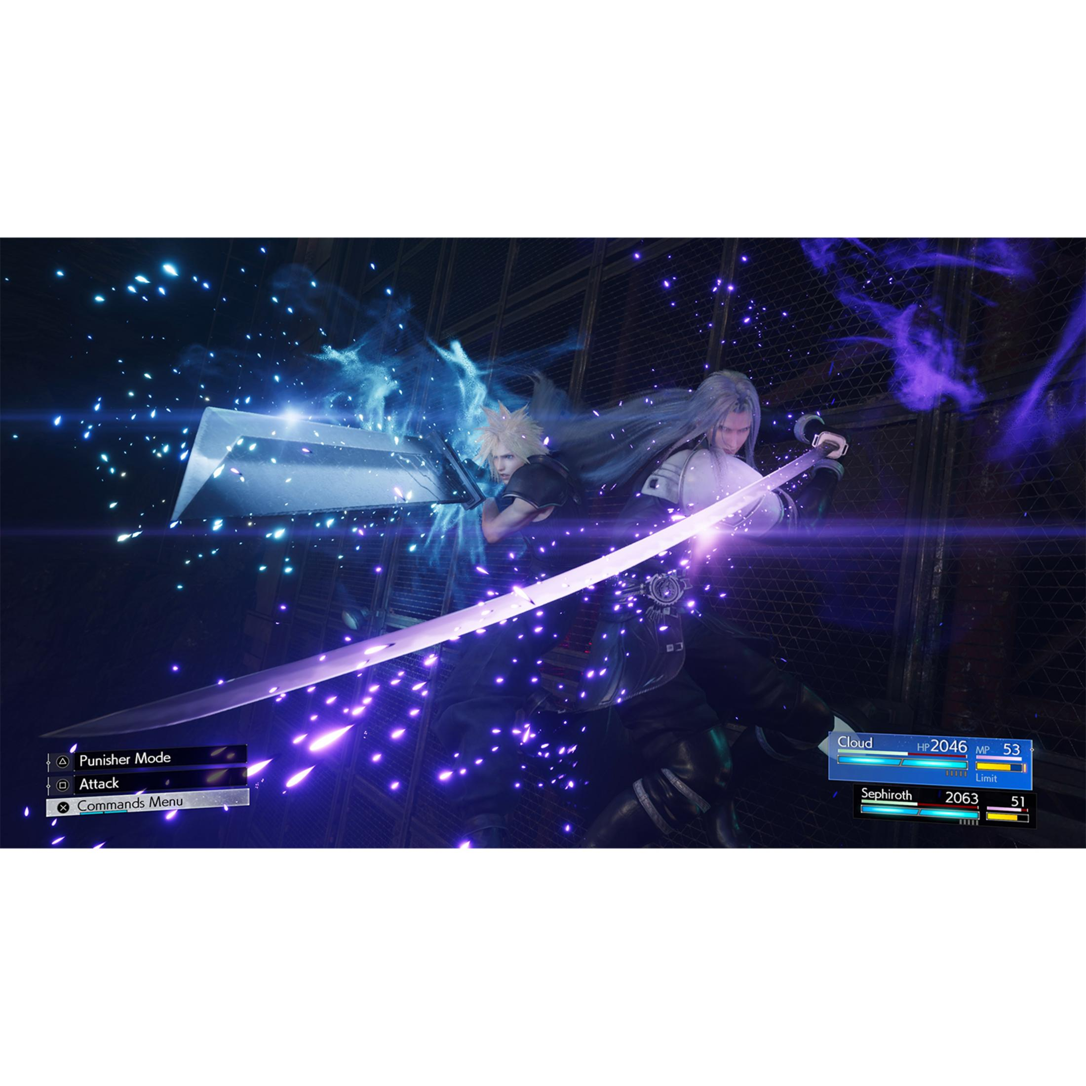 Cloud e Sephiroth si scontrano con spade luminose tra particelle viola.