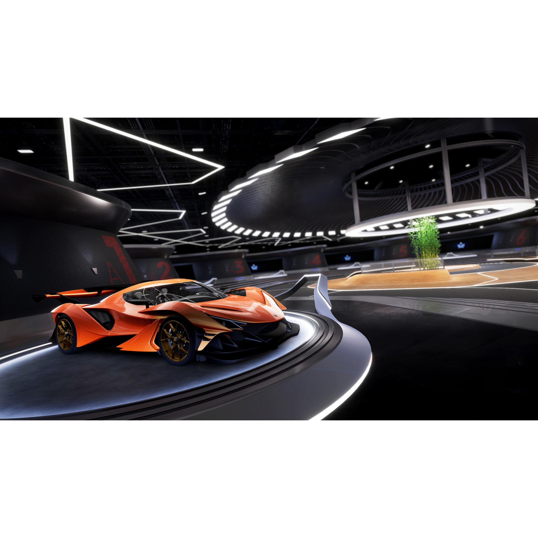 Un'auto sportiva arancione è parcheggiata in un'hall futuristica con luci al neon.