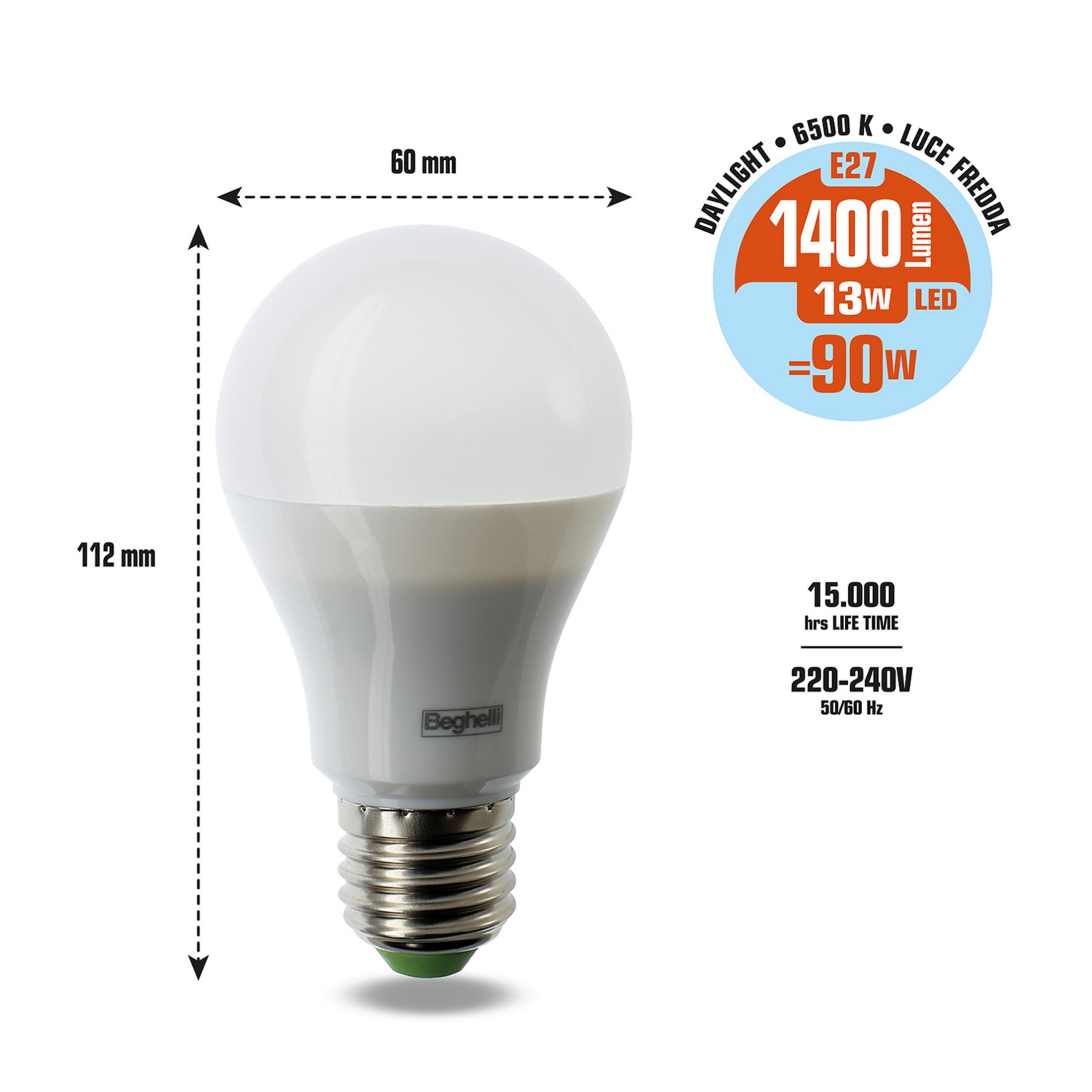 Żarówka LED, 13W, 1400 lumenów, 6500K, gwint E27, wysokość 112mm, szerokość 60mm.