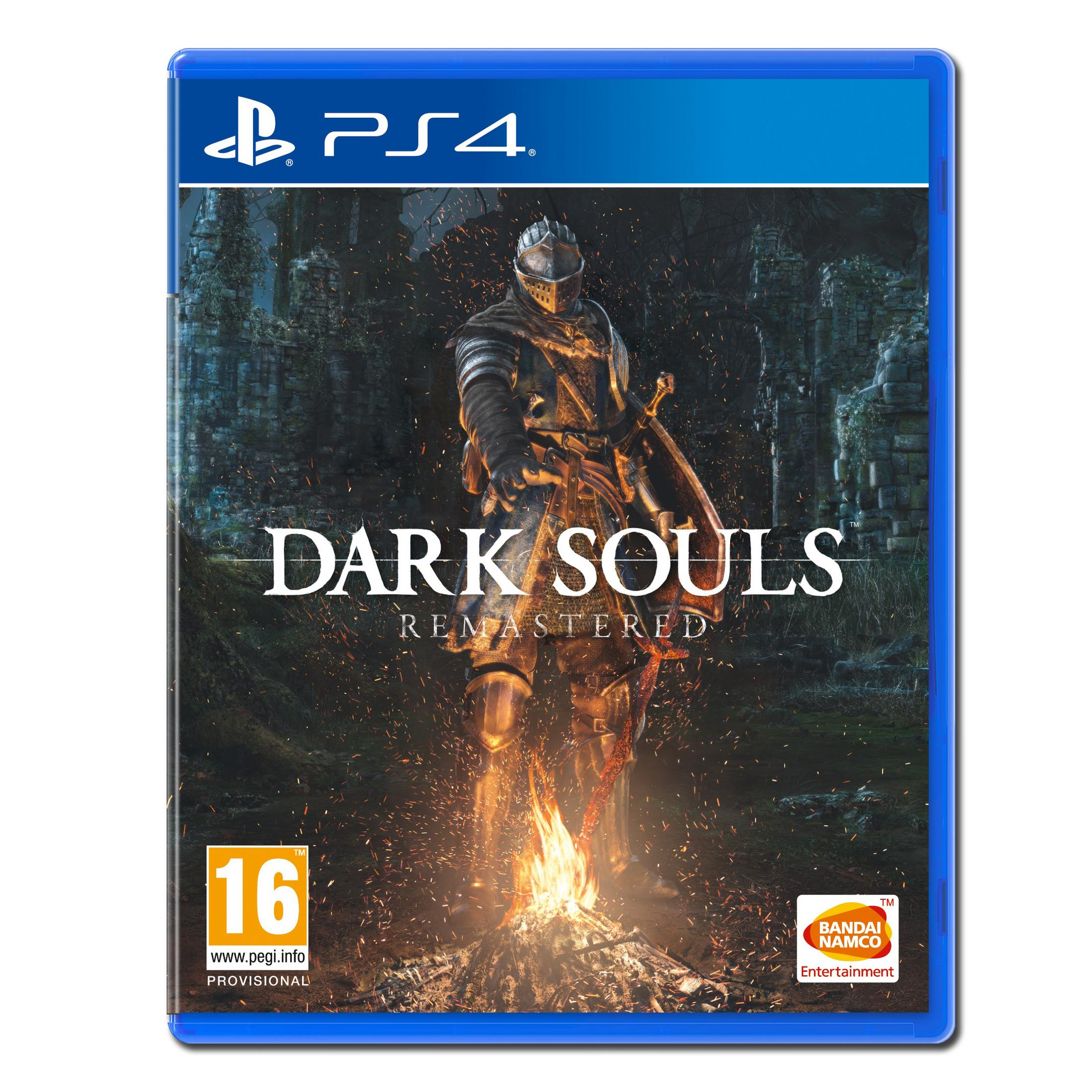 Copertina gioco PS4 Dark Souls Remastered: Cavaliere in armatura vicino al falò, detriti, scintille.