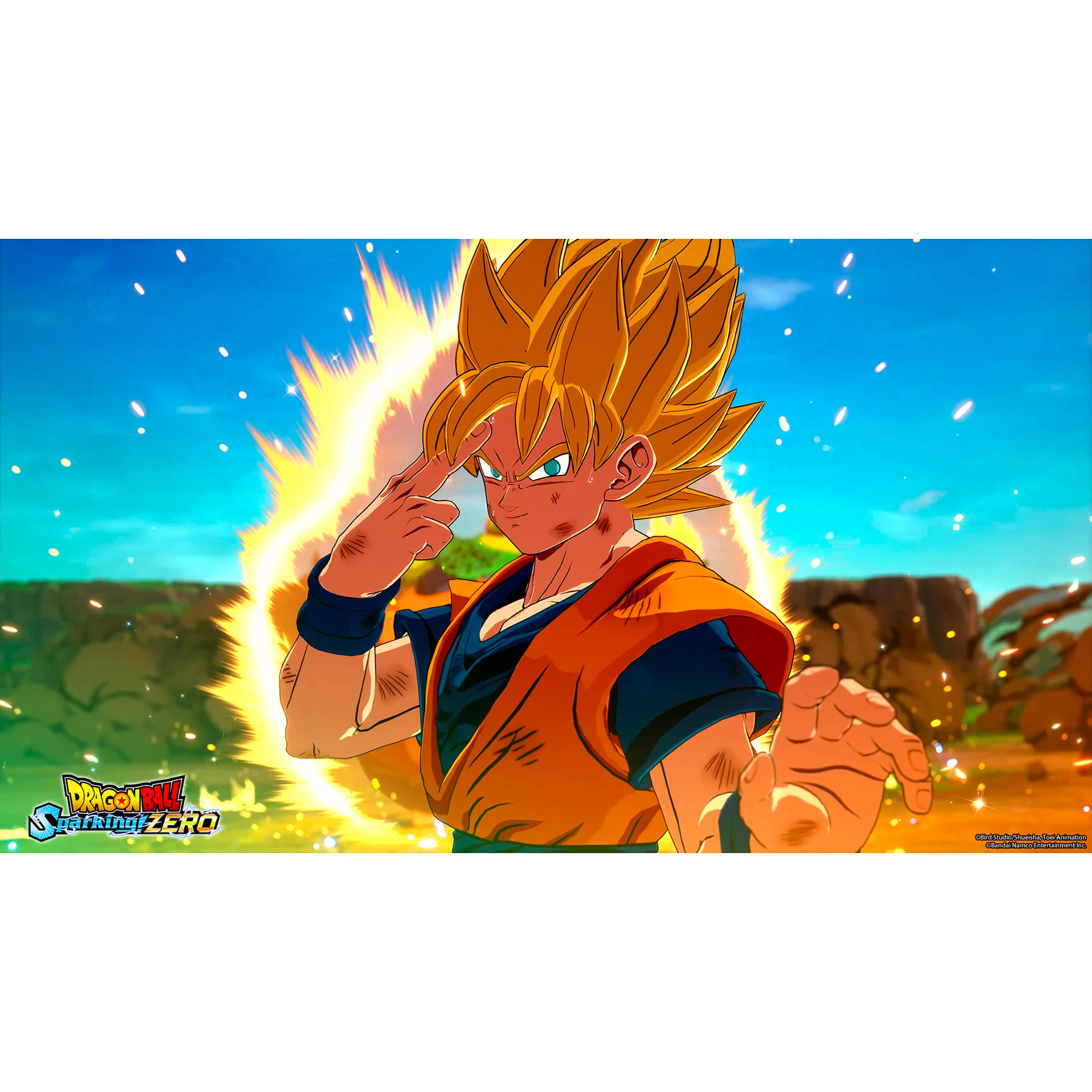 Goku con capelli gialli e gilet arancione, circondato da energia.