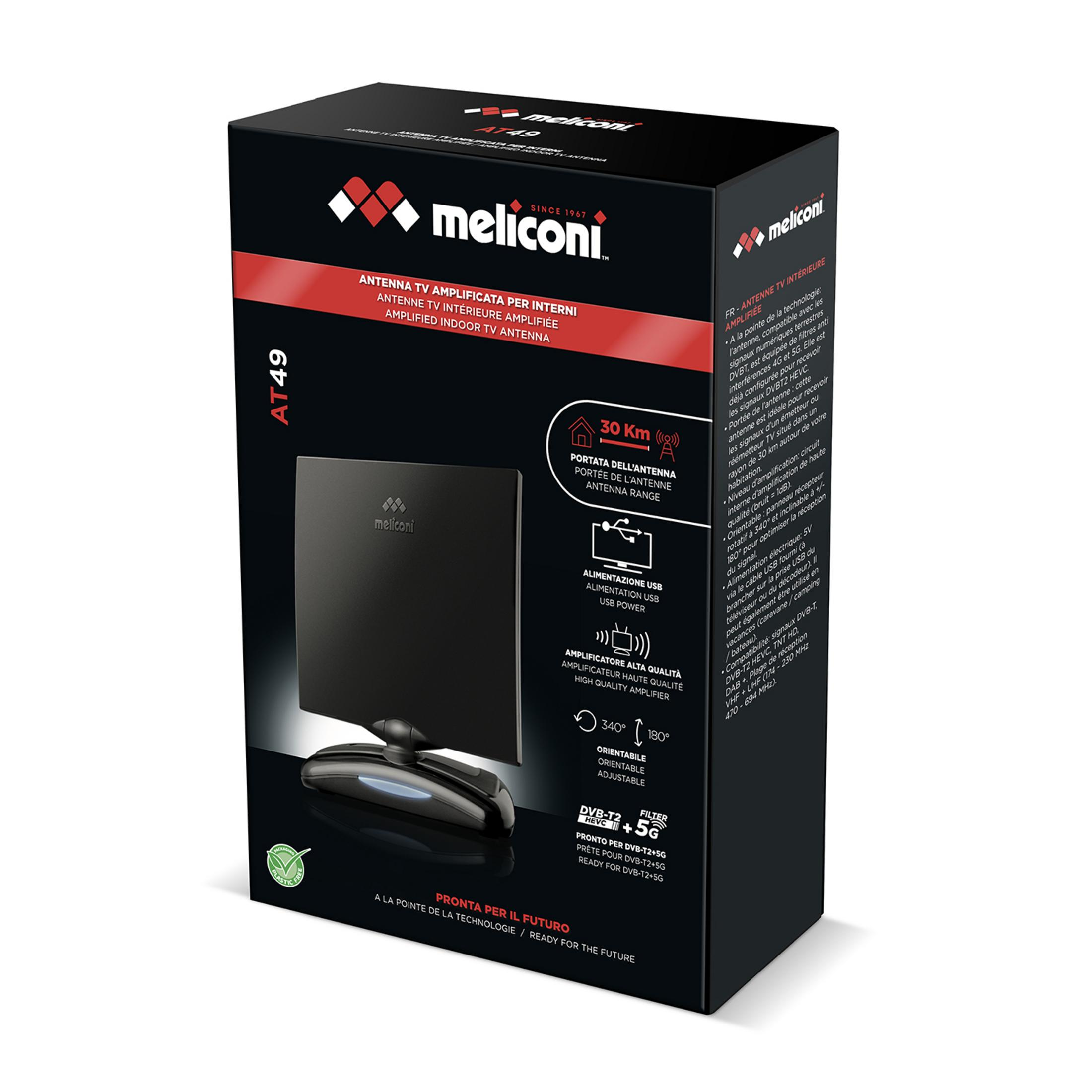 Antena TV Meliconi AT49 na czarnym opakowaniu z czerwonymi akcentami i cechami produktu.