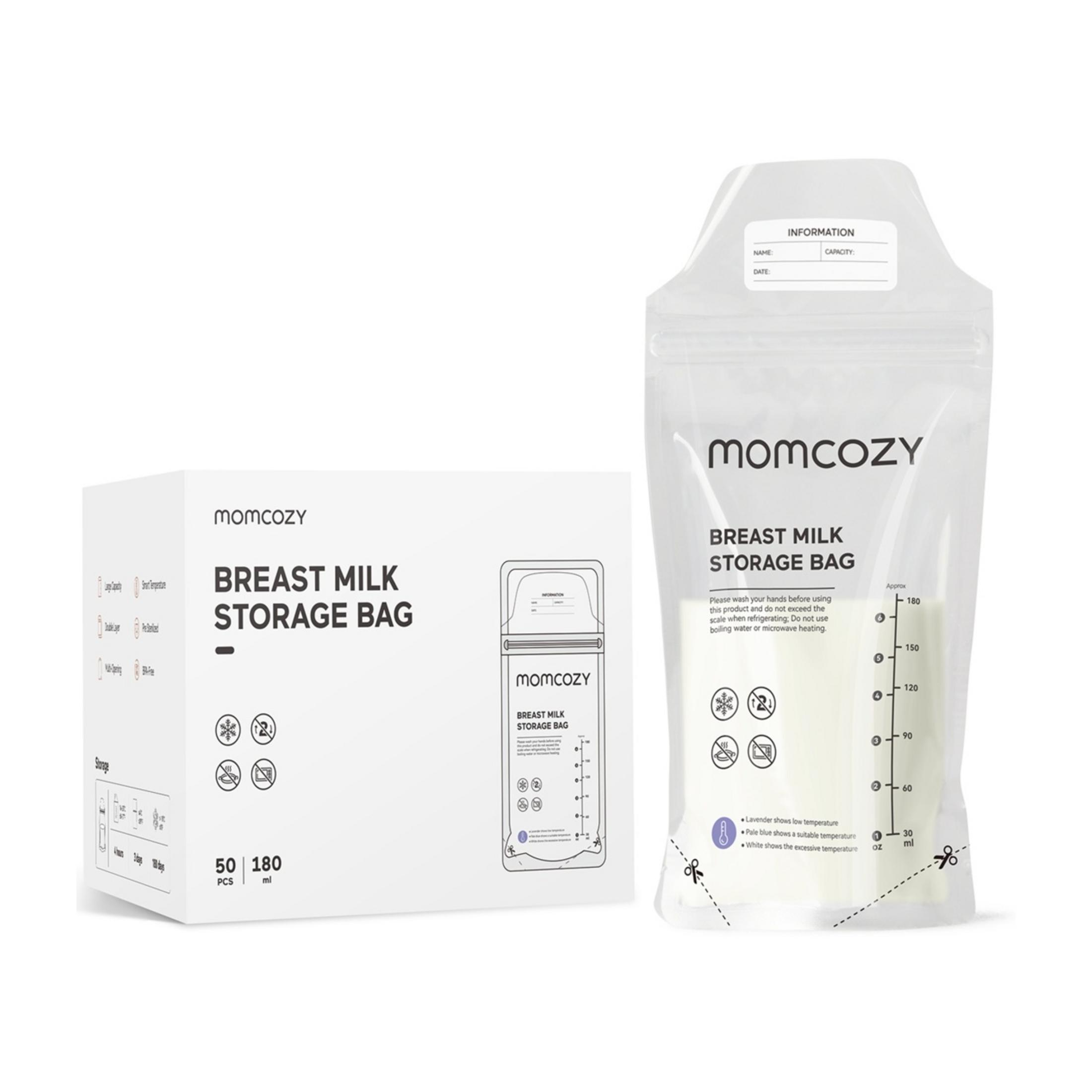 Momcozy Milchaufbewahrungsbeutel und Verpackung mit Skala und Anweisungen.