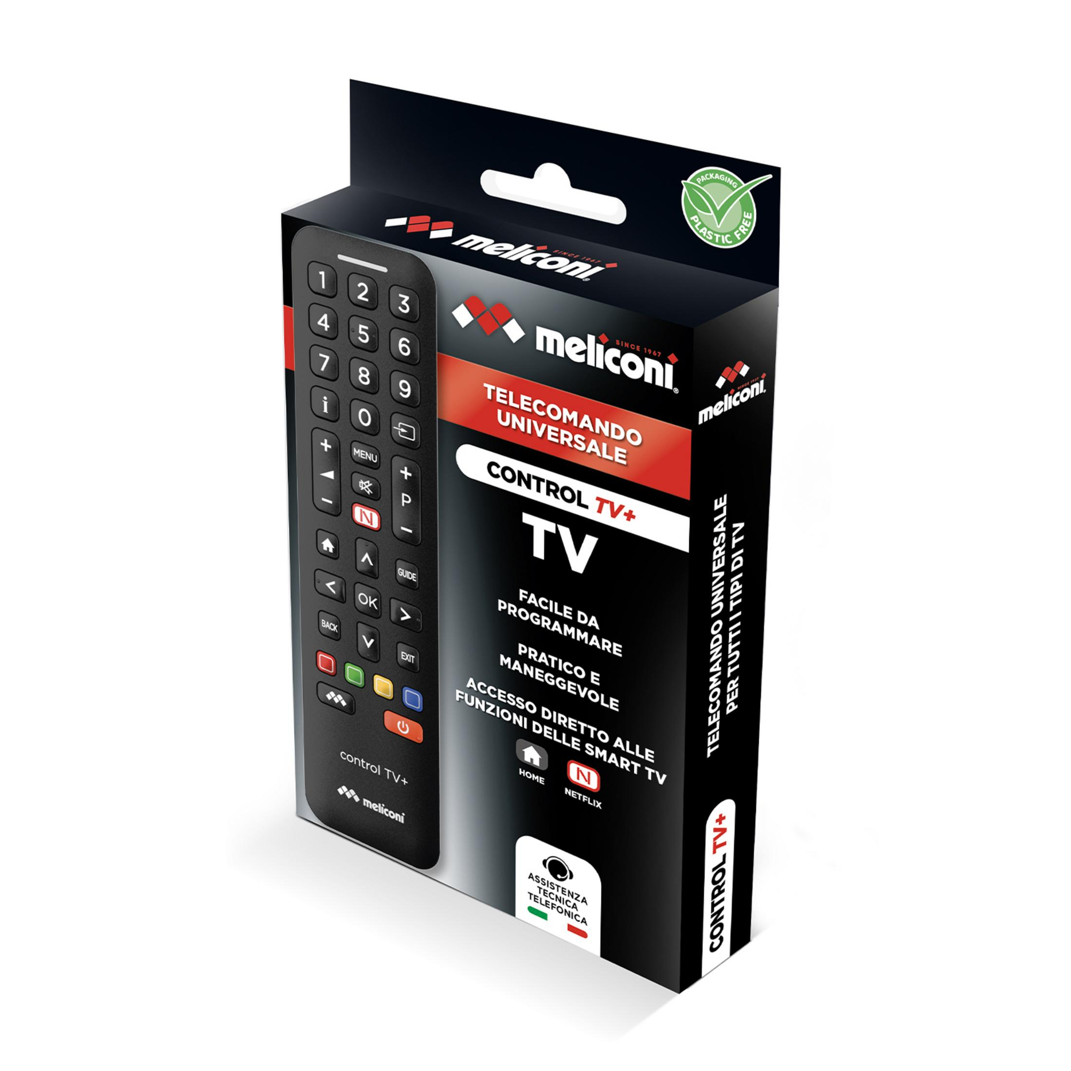 Opakowanie czarnego zestawu uniwersalnego pilota do telewizora Meliconi.