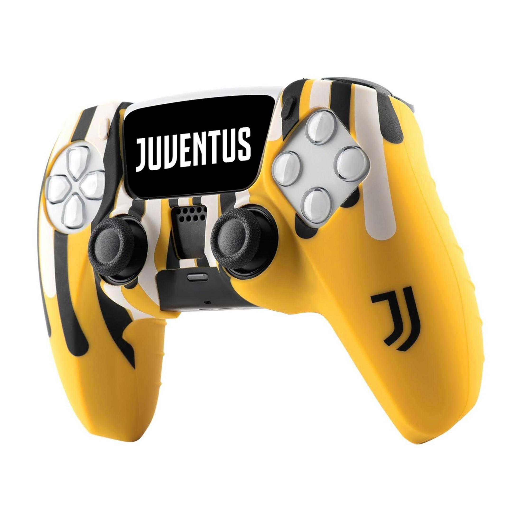 Un controller da gioco giallo con strisce bianche e nere e il logo Juventus.
