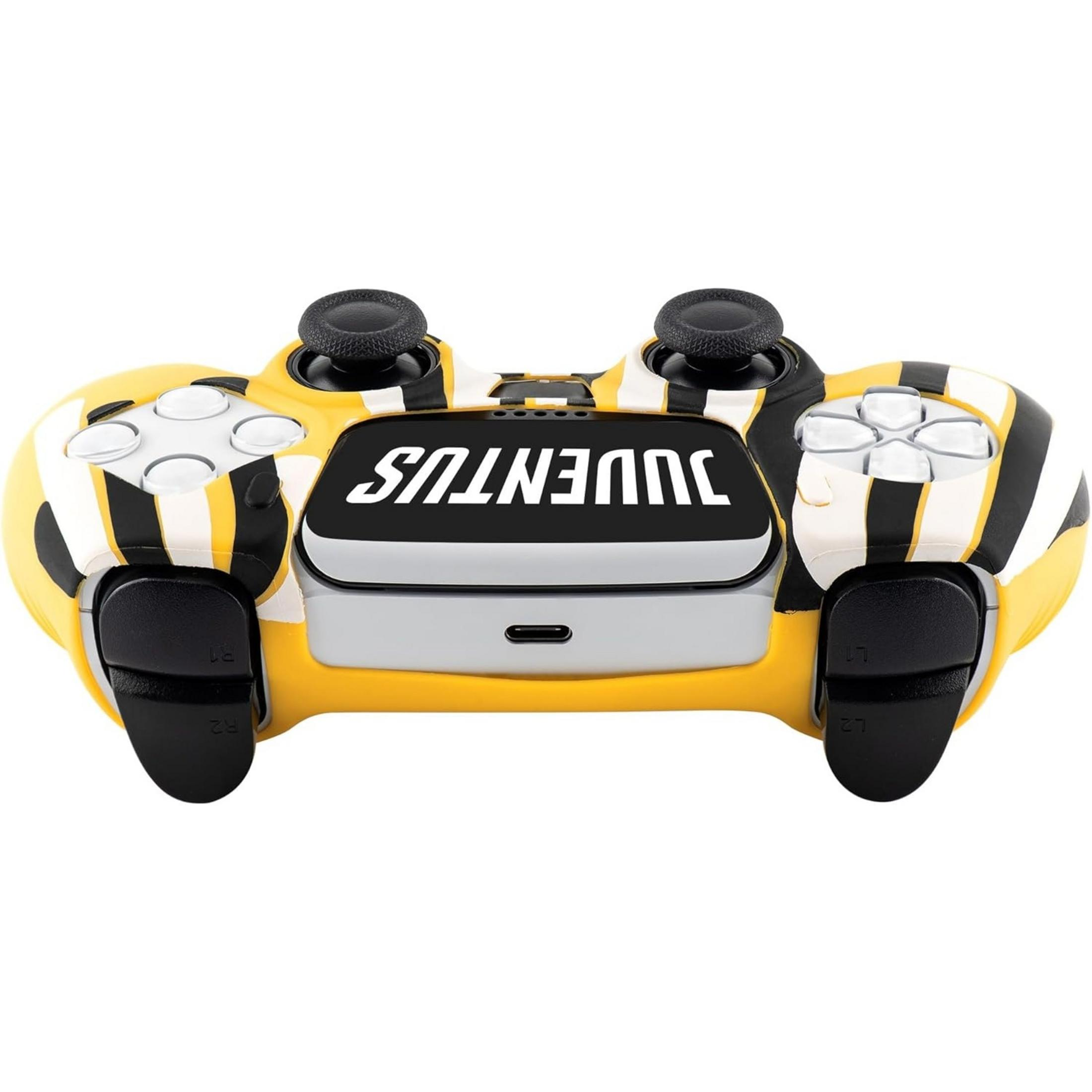 Un controller giallo con strisce bianche e nere e logo Juventus.