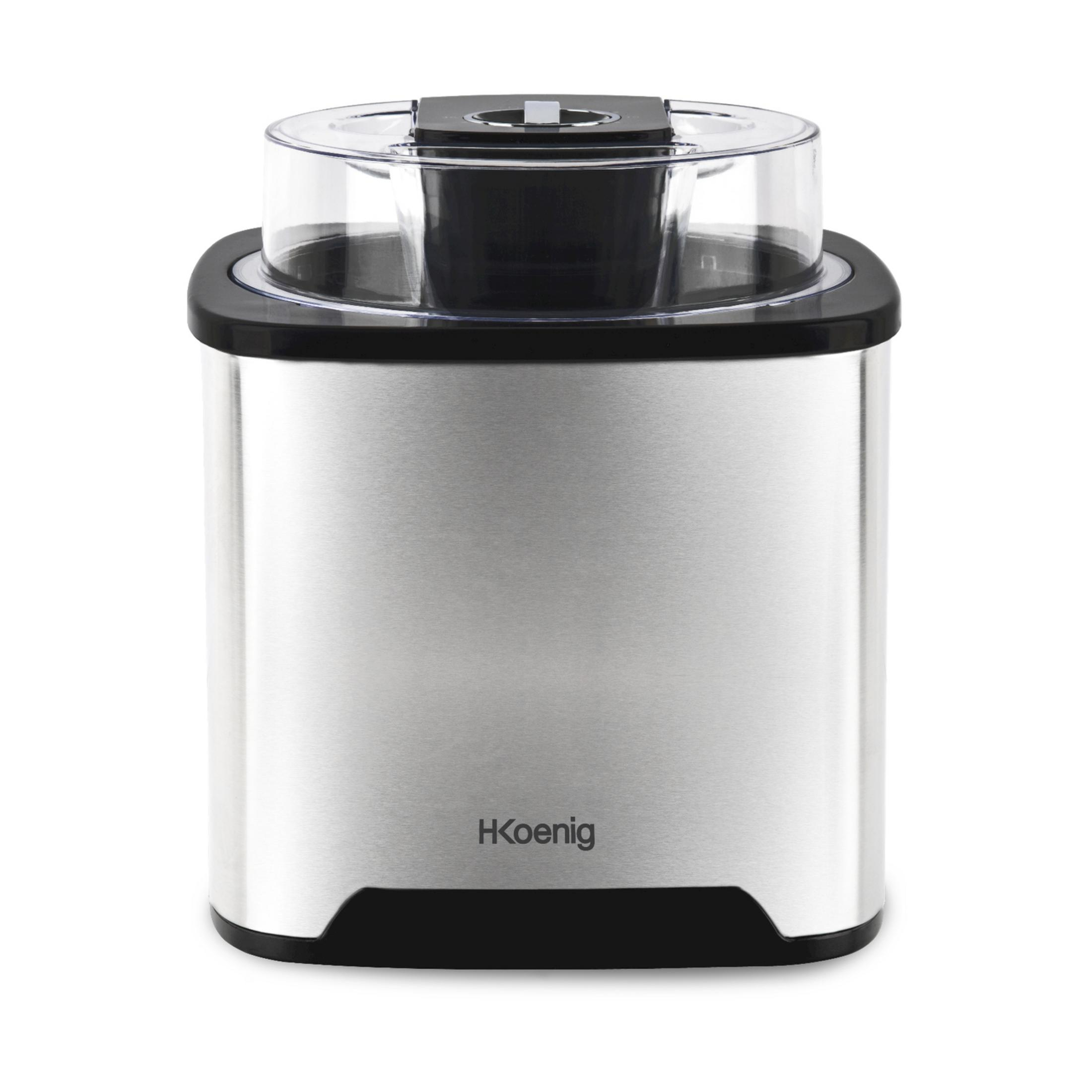 Maszynka do lodów ze stali nierdzewnej z przezroczystą pokrywką i czarnym elementem.