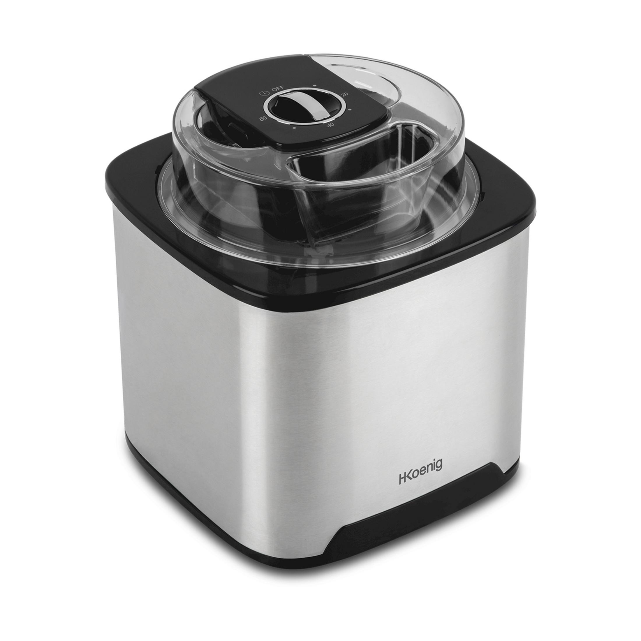 Maszyna do lodów ze stali nierdzewnej z przezroczystą pokrywką i czarnym panelem.