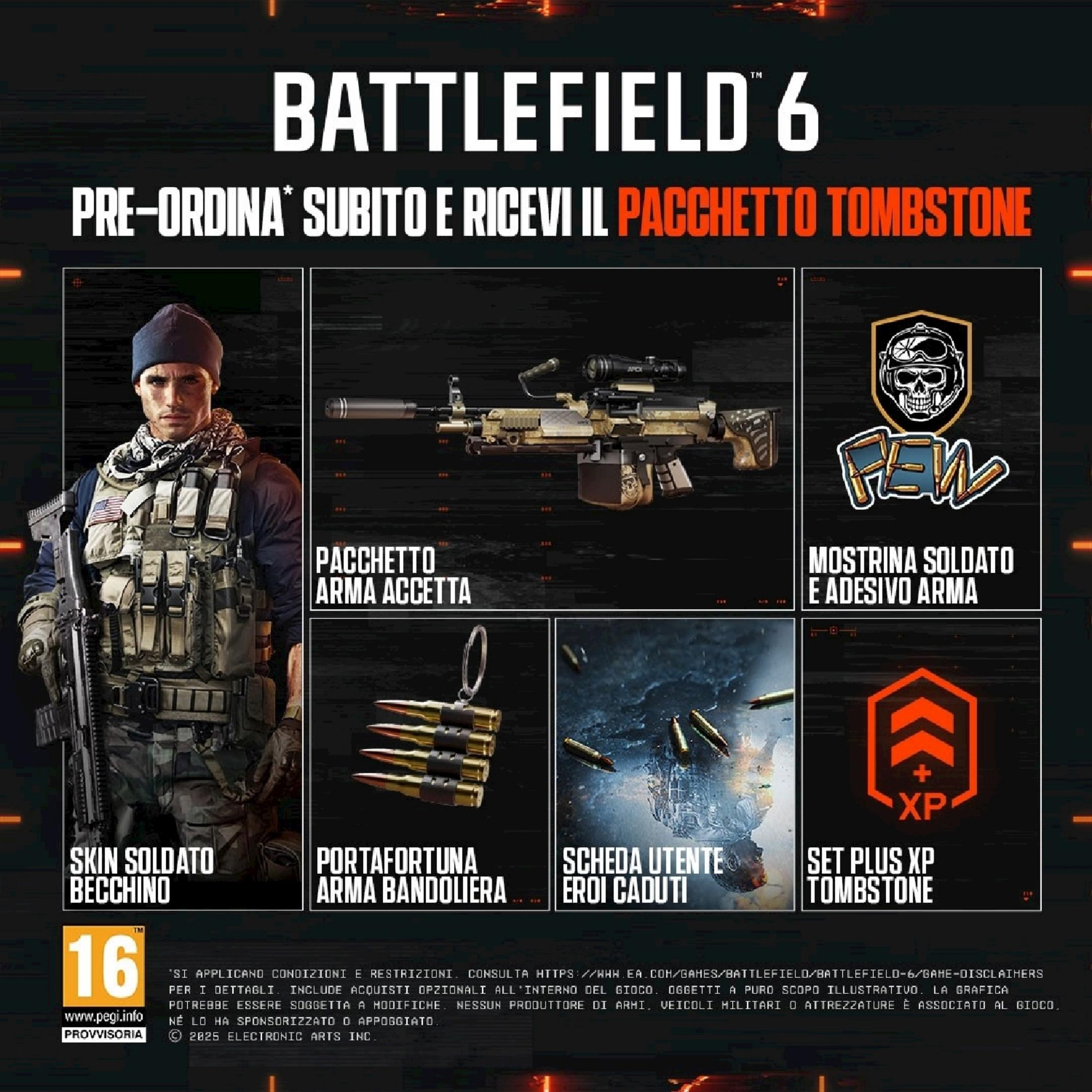 Battlefield 6: Skórka żołnierza, broń, amunicja, emblemat i zestaw XP.