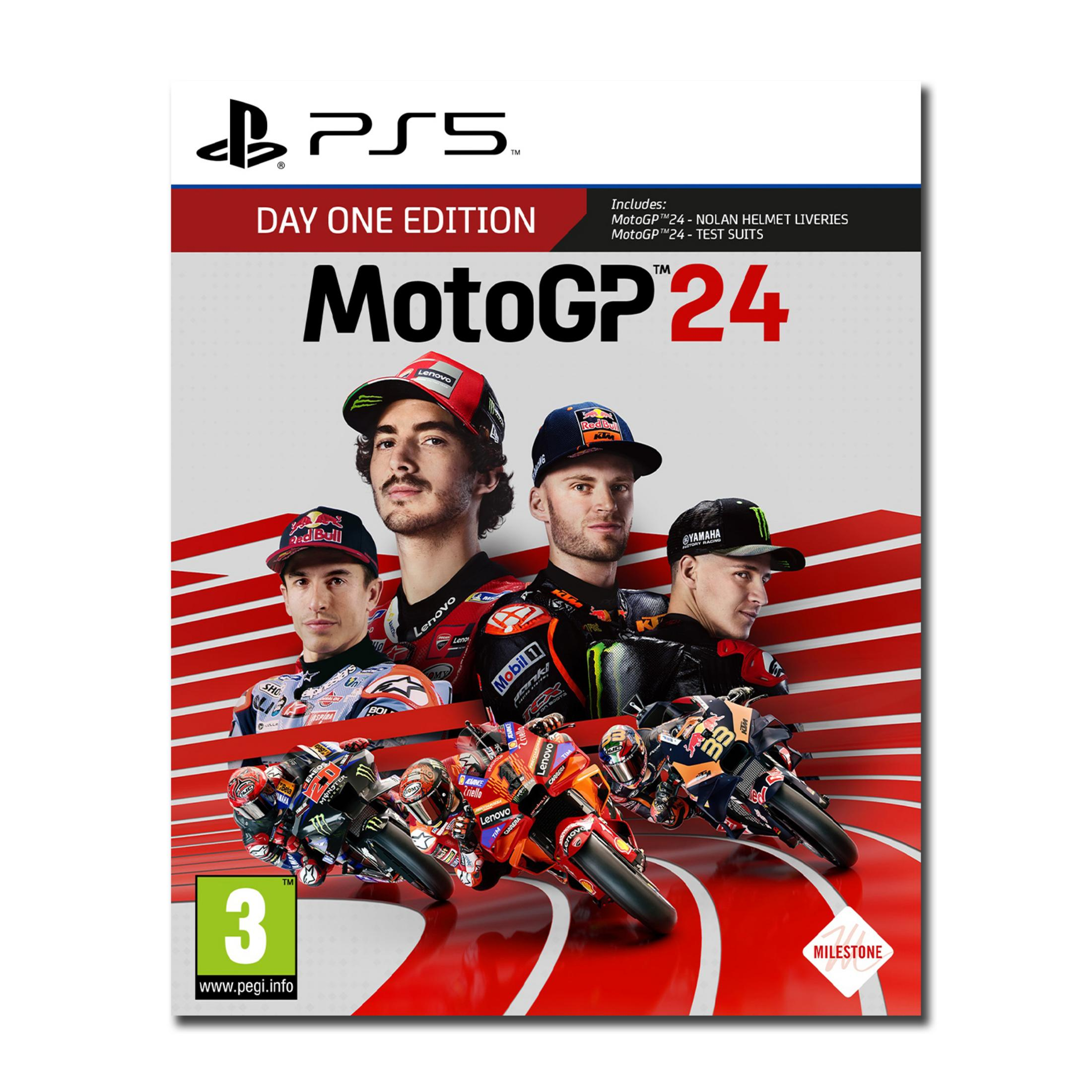 Okładka gry MotoGP 24: Zawodnicy, motocykle, logo PS5, ocena PEGI 3.