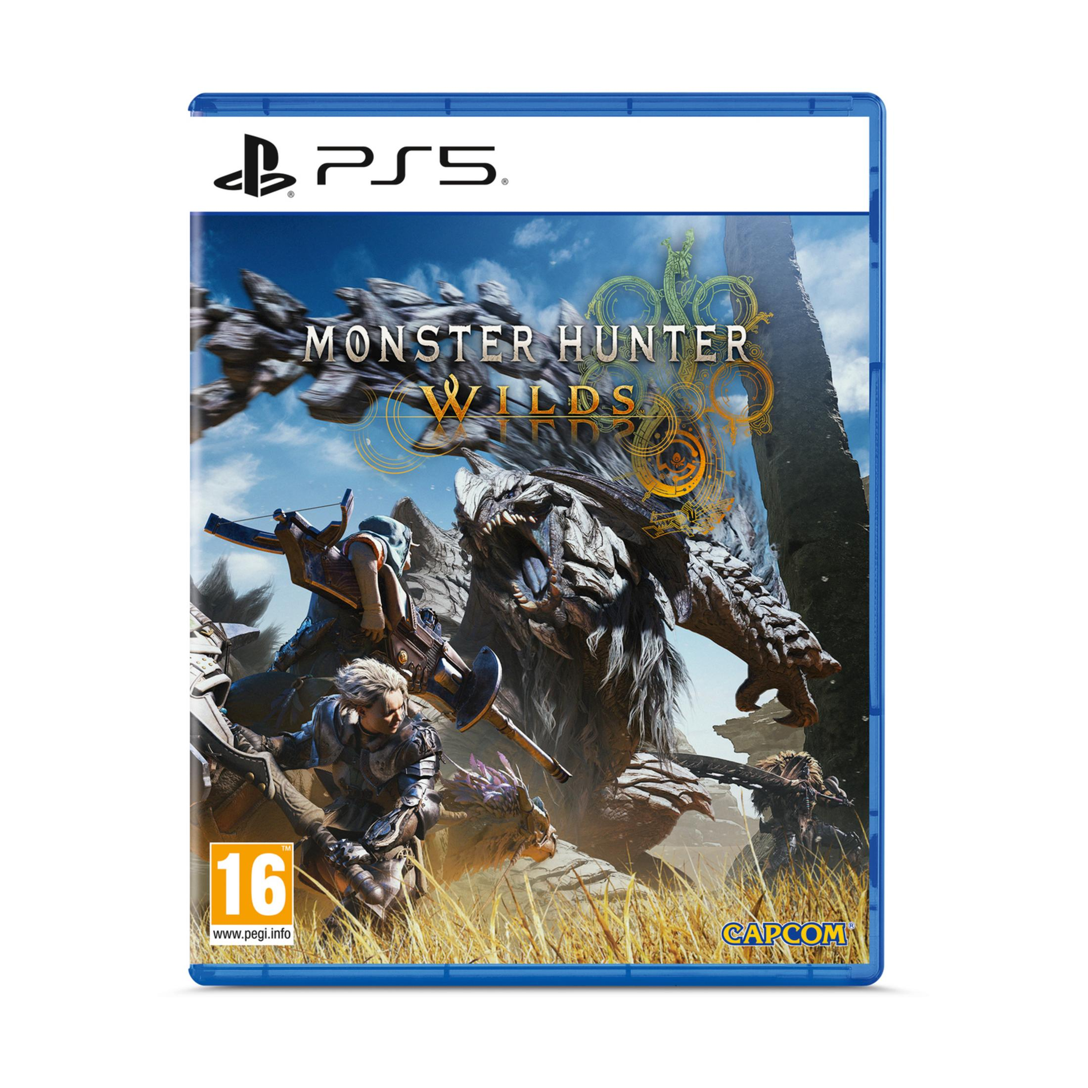Copertina PS5: Monster Hunter Wilds con cacciatori e un mostro in un paesaggio erboso.