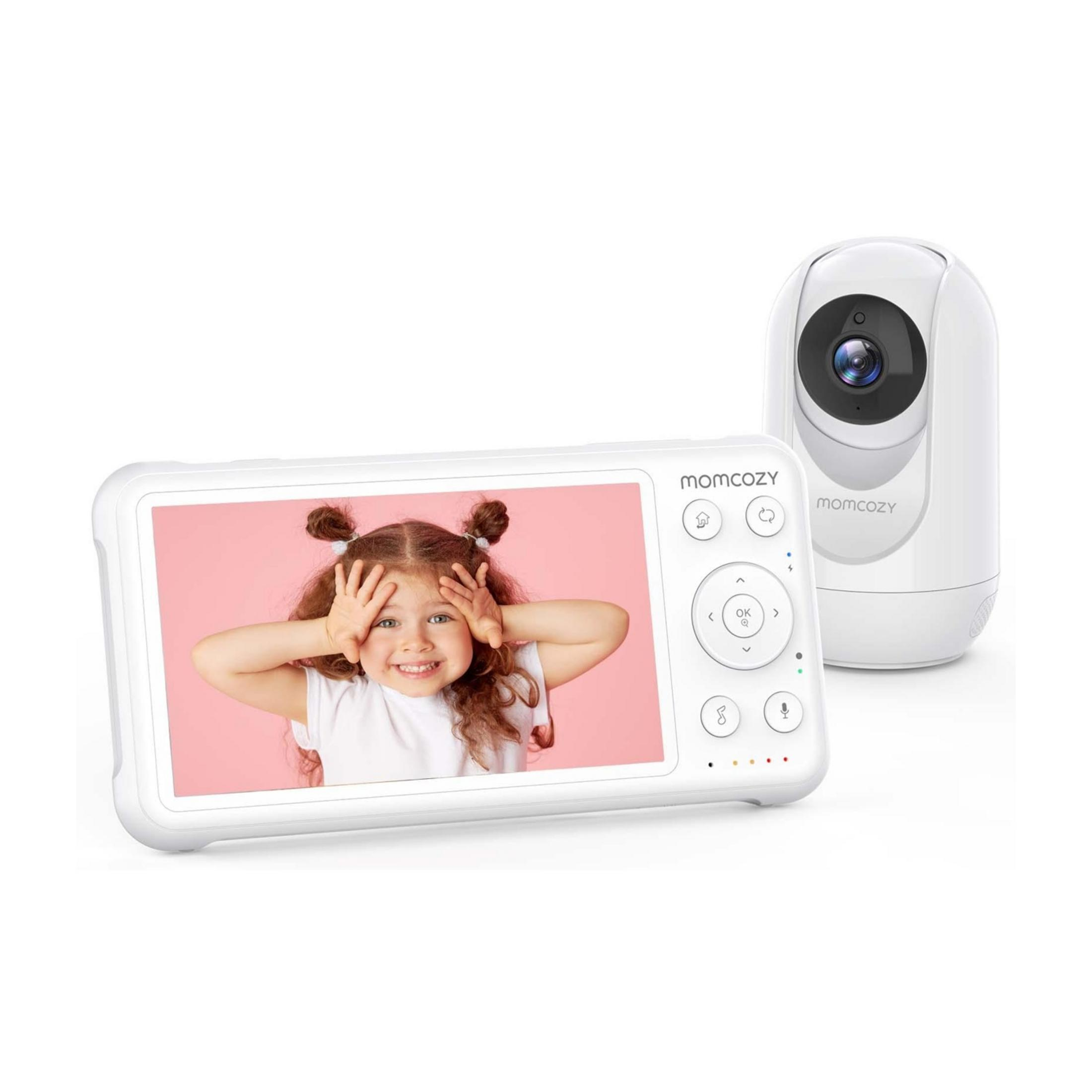 Ein Babyphone mit einem Monitor, der ein lächelndes Mädchen zeigt, und einer Kamera.