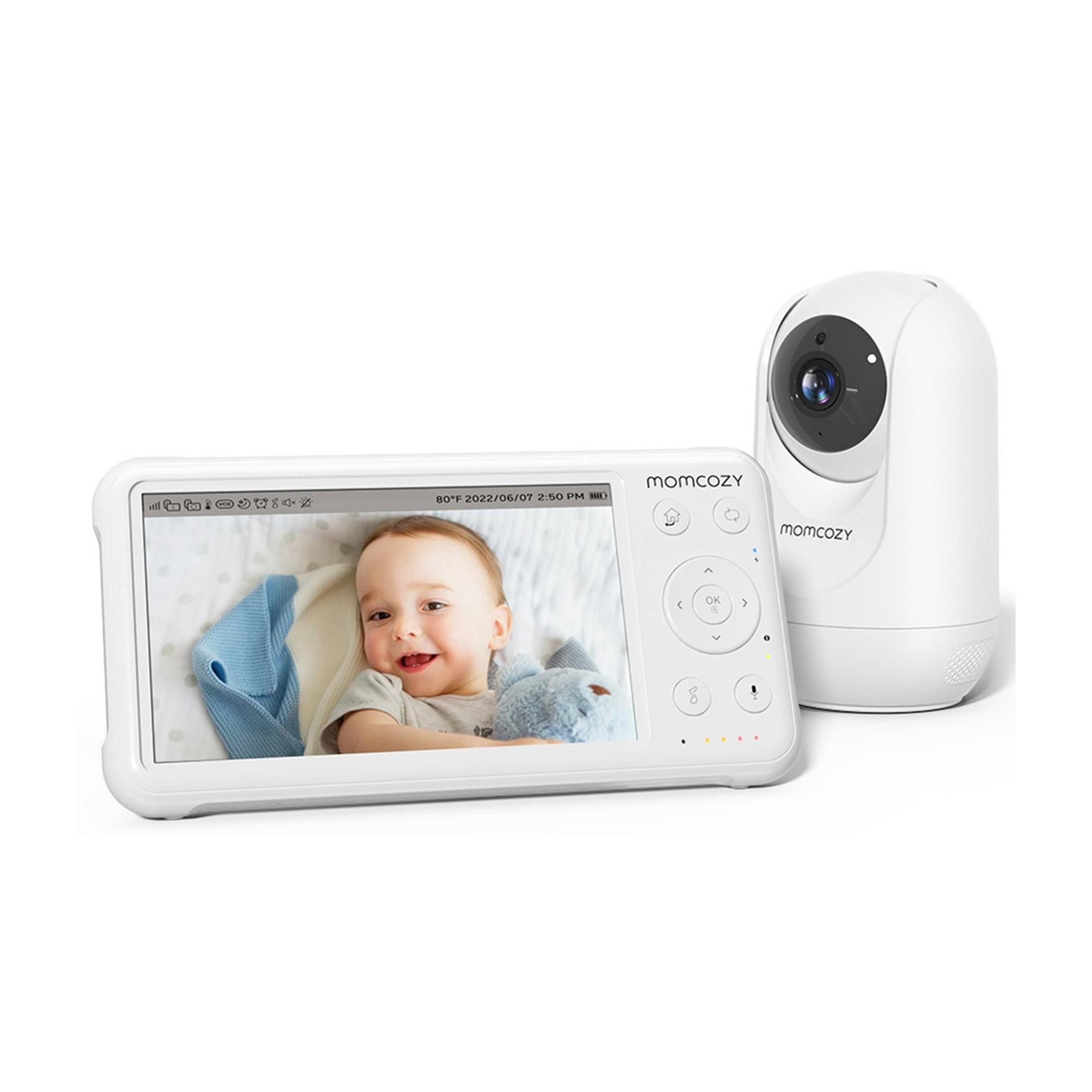 Ein weißer Baby-Monitor mit Bildschirm und Kamera. Das Display zeigt ein Baby.
