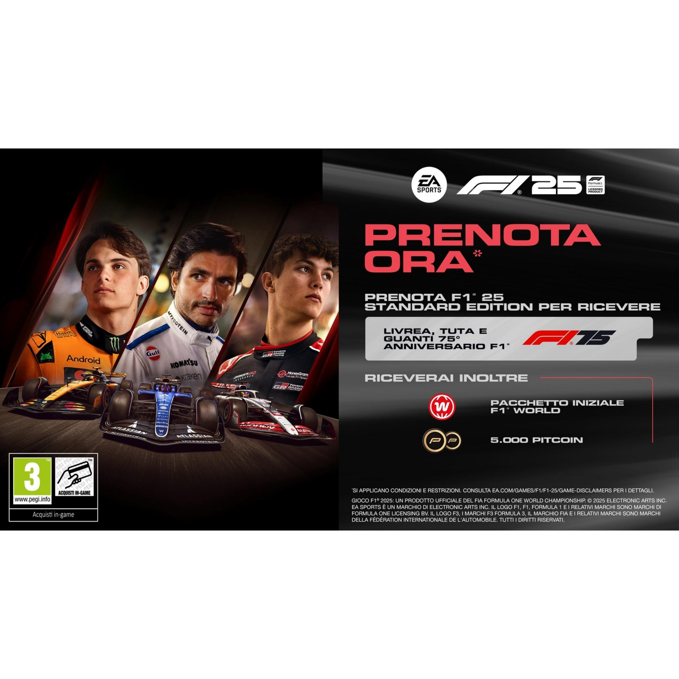 Kierowcy Formuły 1 z samochodami i reklamą gry. EA Sports F1 25.