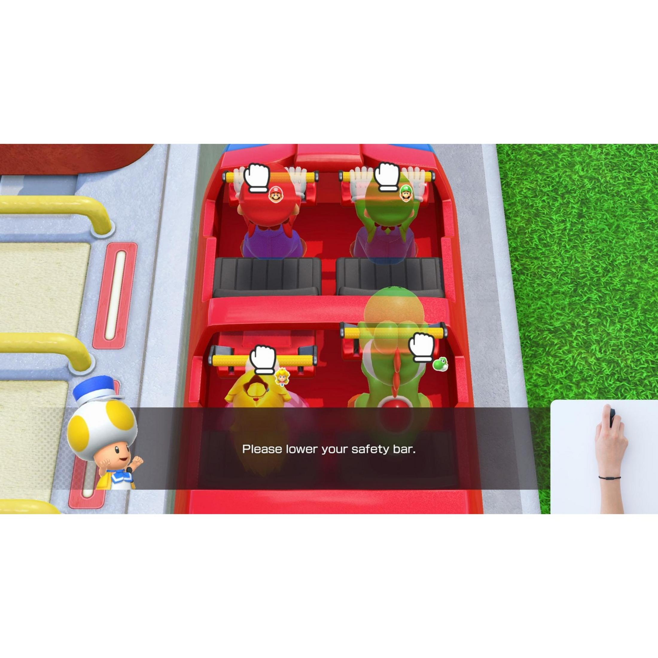 Mario y Luigi en un carro rojo, con fondo de hierba verde.
