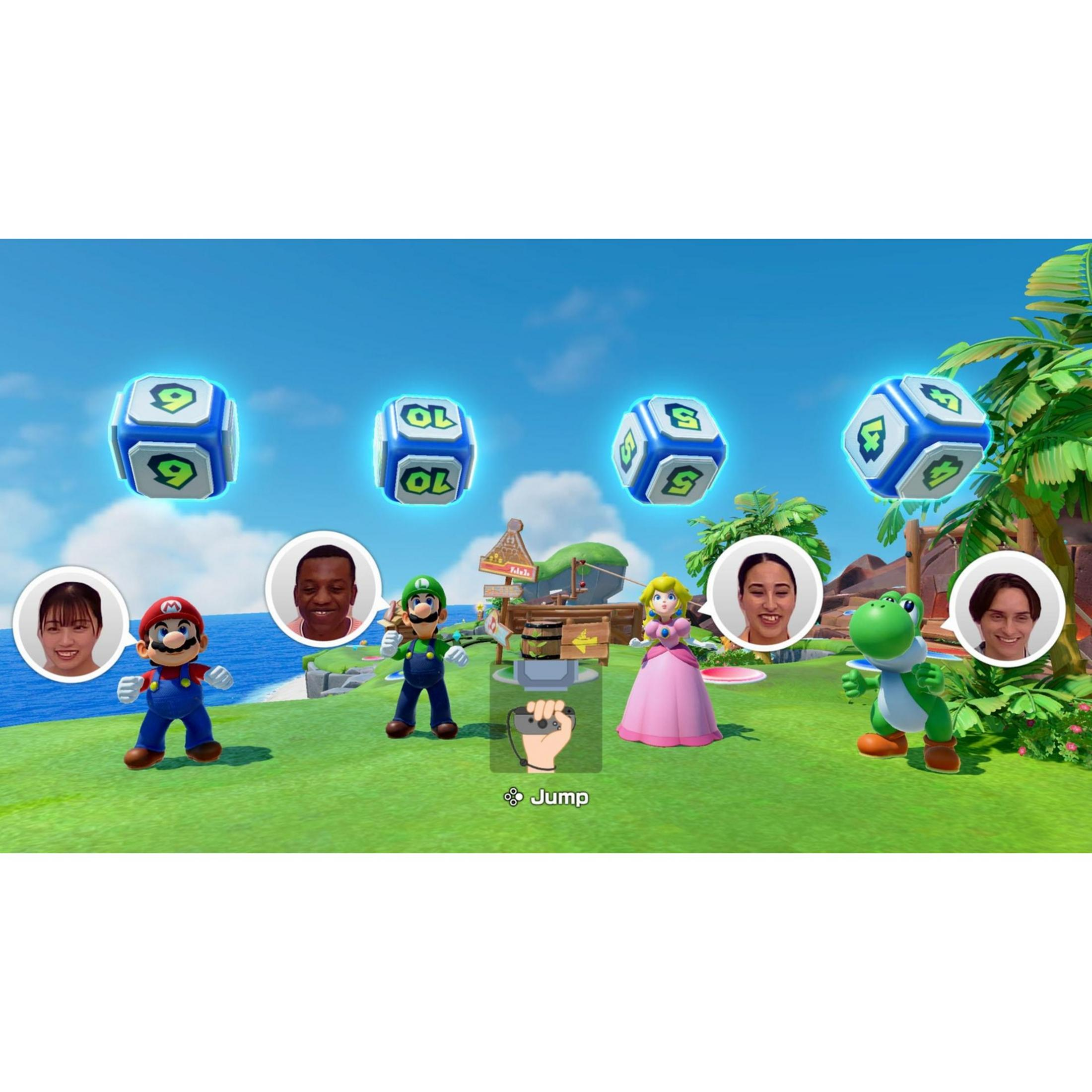 Mario, Luigi, Peach y Yoshi están en un campo verde con dados en el cielo.