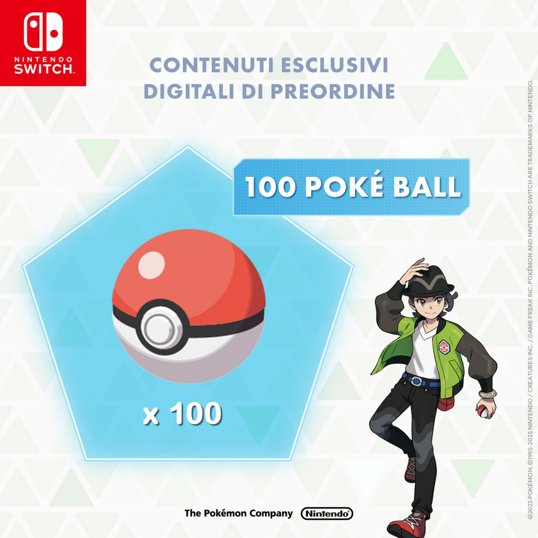 Nintendo Switch-Logo, Pokeball, Charakter und Text '100 Pokeball'.